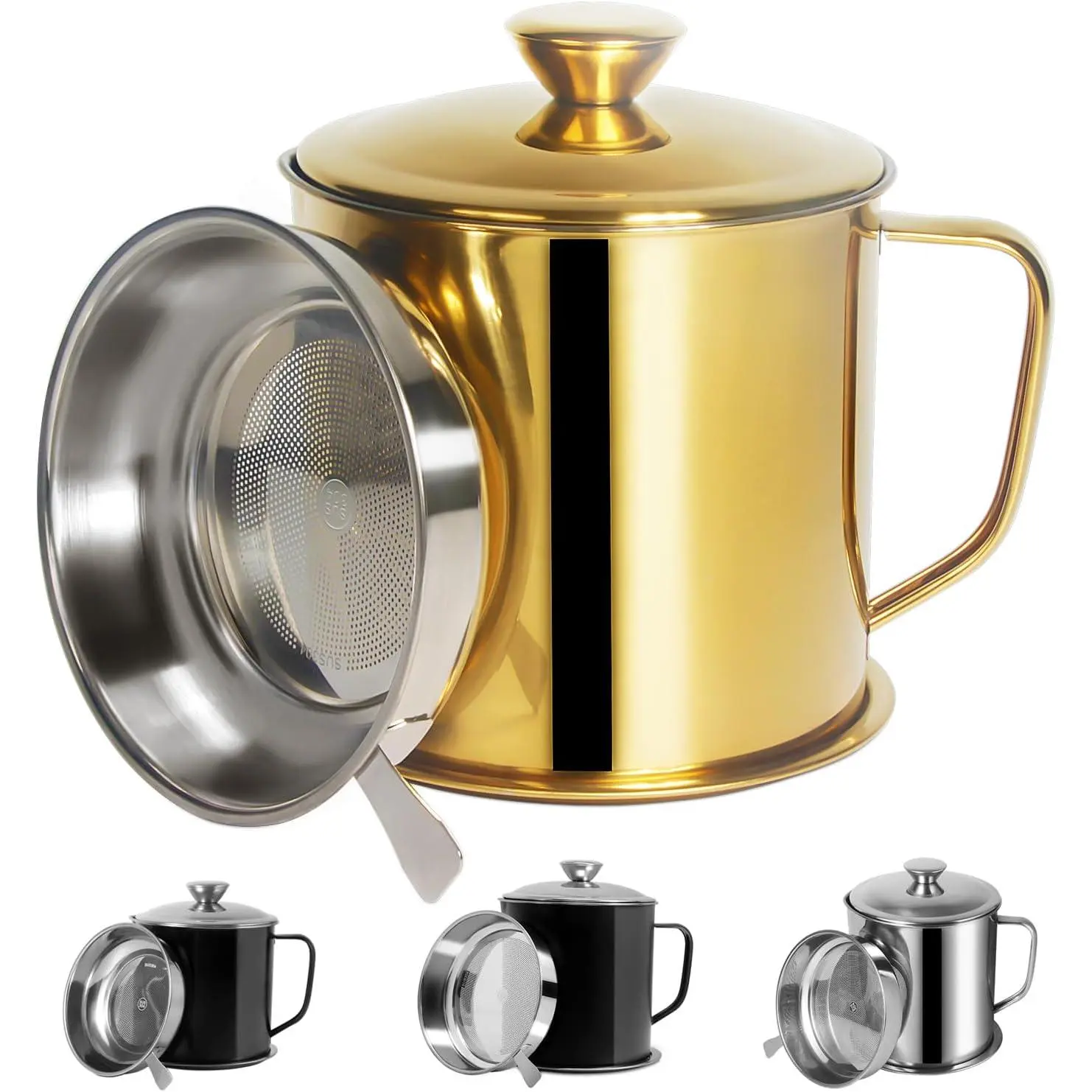 Bacon Grease Container with Strainer, Sturdy 36oz/1.25L Stainless Steel Cooking Oil Catcher, Dishwasher Safe Kitchen Container with Lid and Easy-Grip Handle