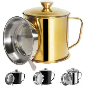 Bacon Grease Container with Strainer 1.25 L / 42 oz Kitchen Catcher Gold Stainless Steel Cooking Oil Keeper with Lid and Easy-Grip Handle Suitable for Storing Frying Oil and Grease