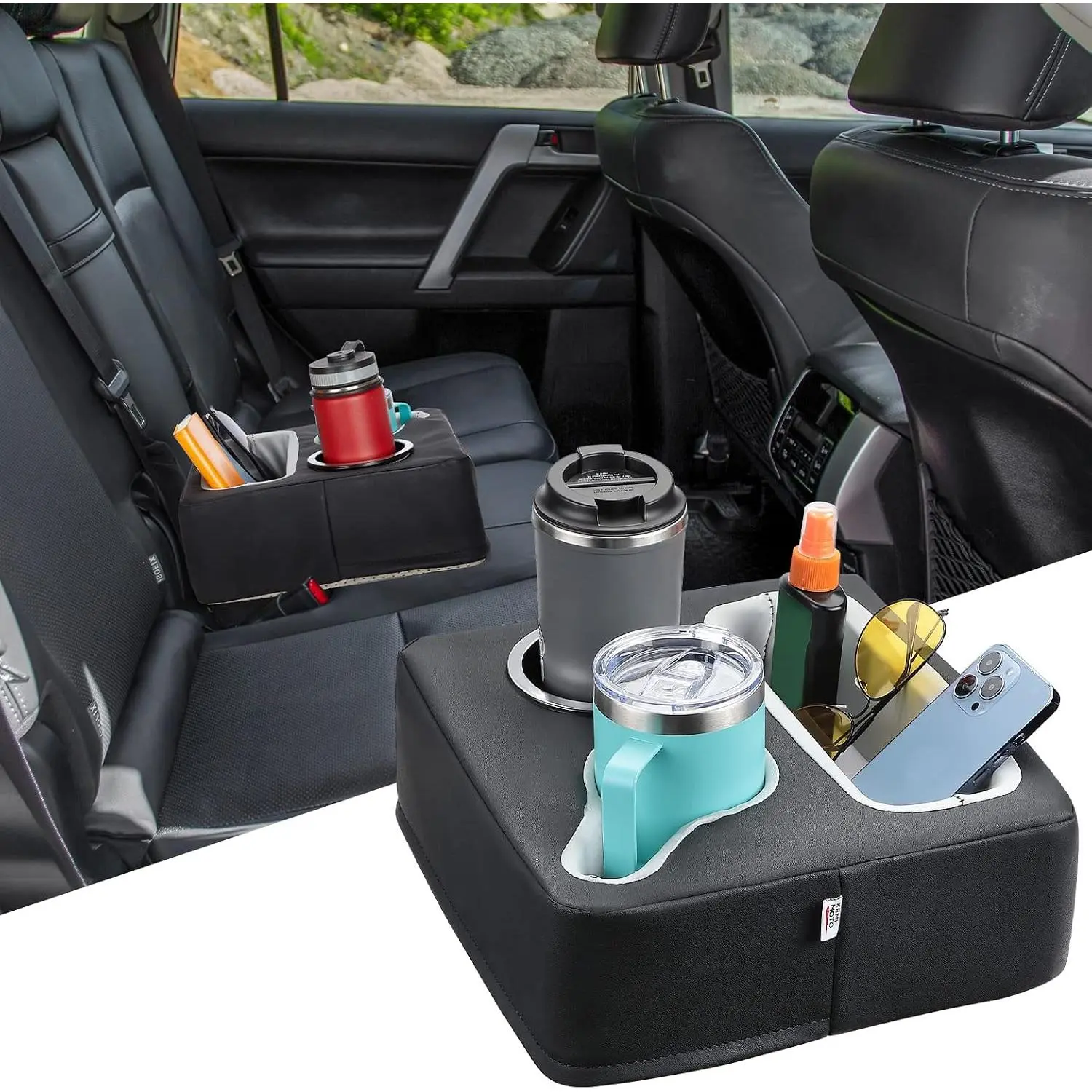 Black Multi‑Use Cup Holder Expander Tray, Back Seat Car Truck Boat Organizer, Couch Sofa Bed Caddy for Drinks Snacks Remote and Cell Phone