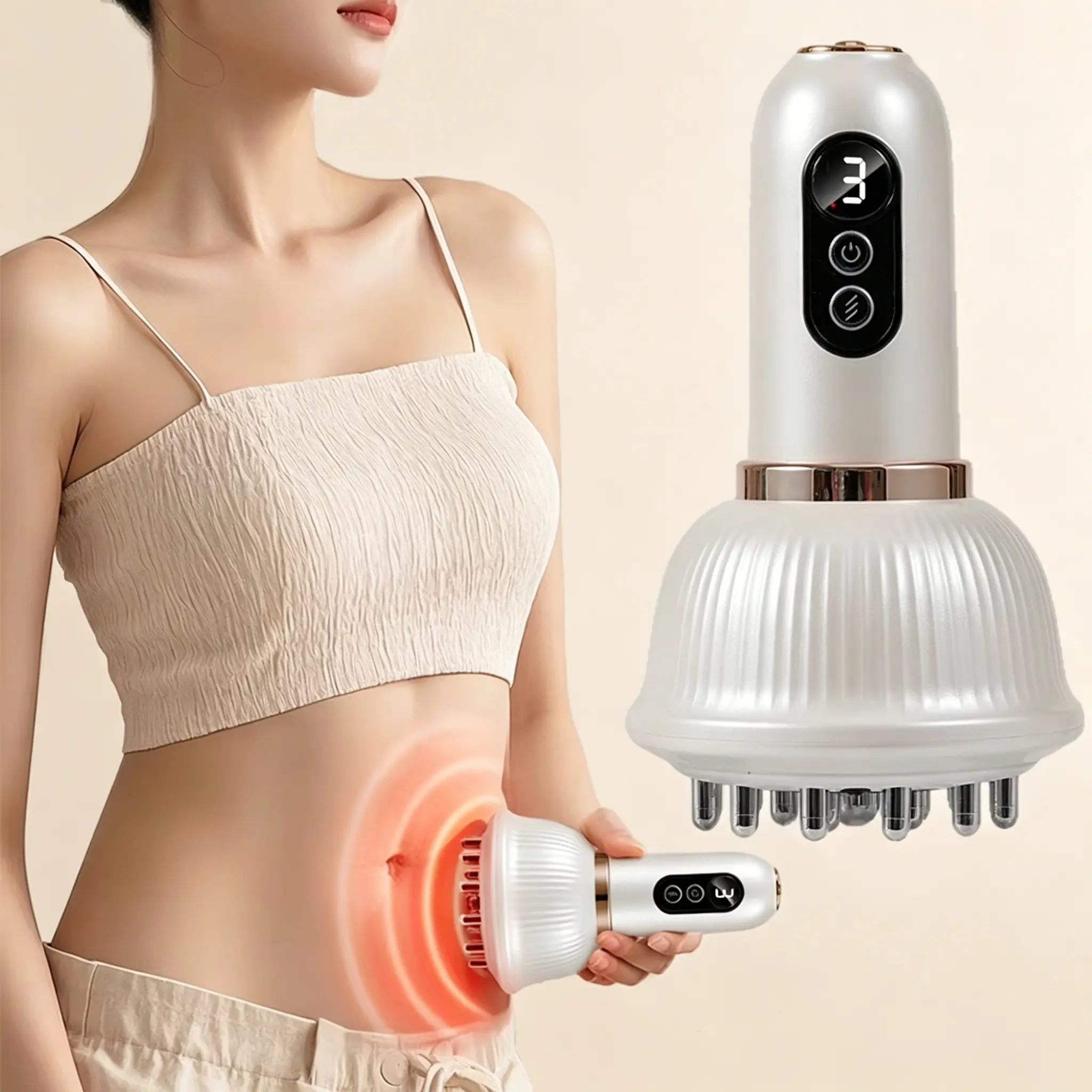5-In-1 USB Rechargeable Abdominal Massager, Adjustable Gua Sha Cup Strength, Handheld Arm Leg Massage Device, Hot Pulse Lymphatic Brush