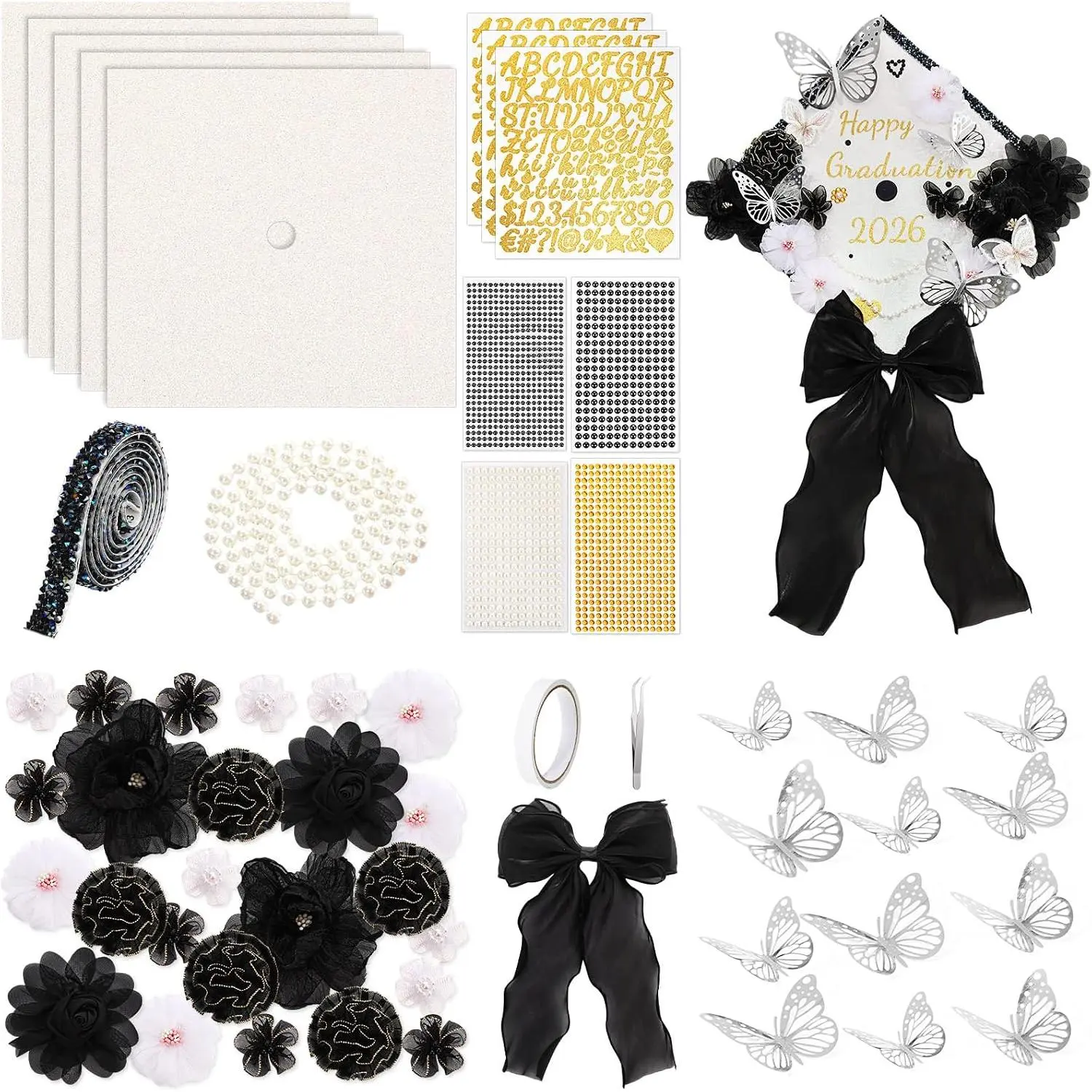 Wavwavw 58-Piece DIY Graduation Cap Decorations Kit - Black Grad Hat Decor with Gift, Light, Mesh, Metal Accessories for Party Supplies