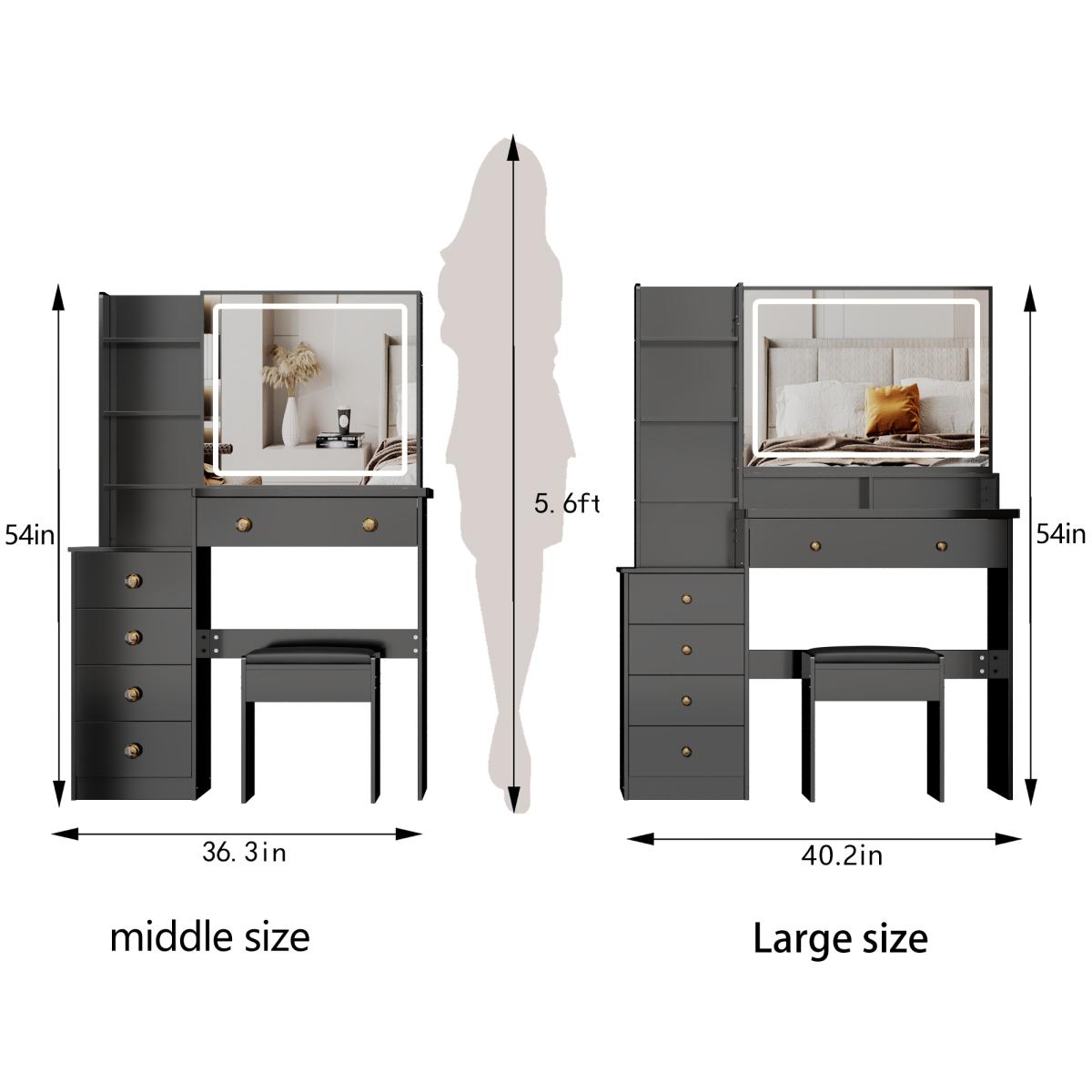 41" Large Sized Bedside Cabinet Vanity Table + Cushioned Stool, Extra Large Touch Control LED Mirror, 3-color Switch, Multi Layer High Capacity Storage Fashionable Dresser, EPA, GCC, UL Certificate