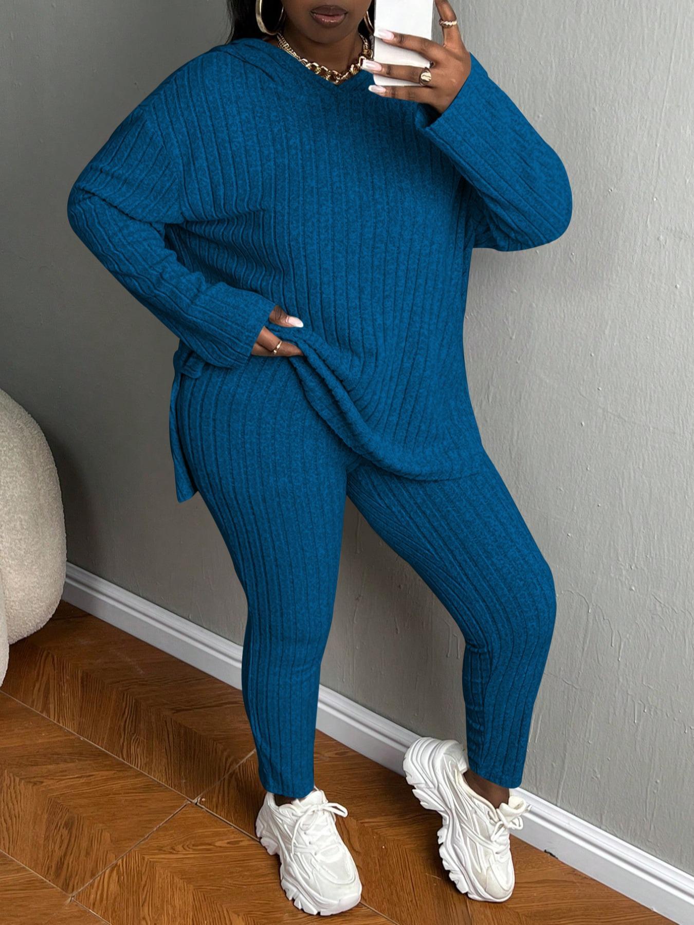 [Plus Size] Women's Two-Piece Set Solid Textured Ribbed Drop Shoulder Long Sleeve Hoodie & Elastic Waist Pants, Casual Fashion Cozy Ribbed Outfits for Daily Outdoor Wear, Ladies Clothing for Fall & Winter
