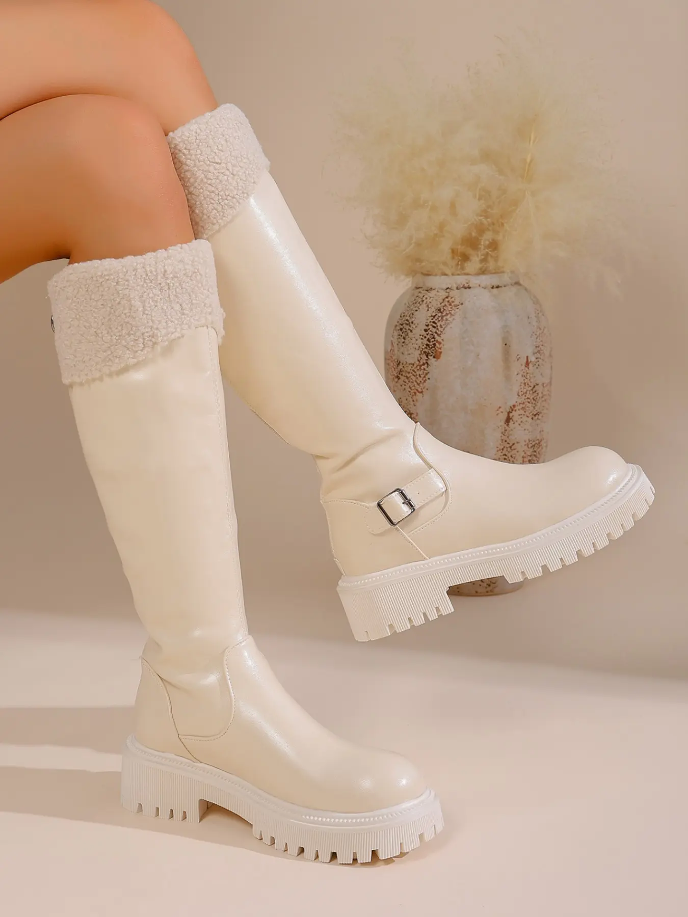 Sweet Cool Style Lamb Fur High Ankle Boots, Thick Sole Round Toe Buckle Streetwear, Women's Long Boot for Autumn Winter