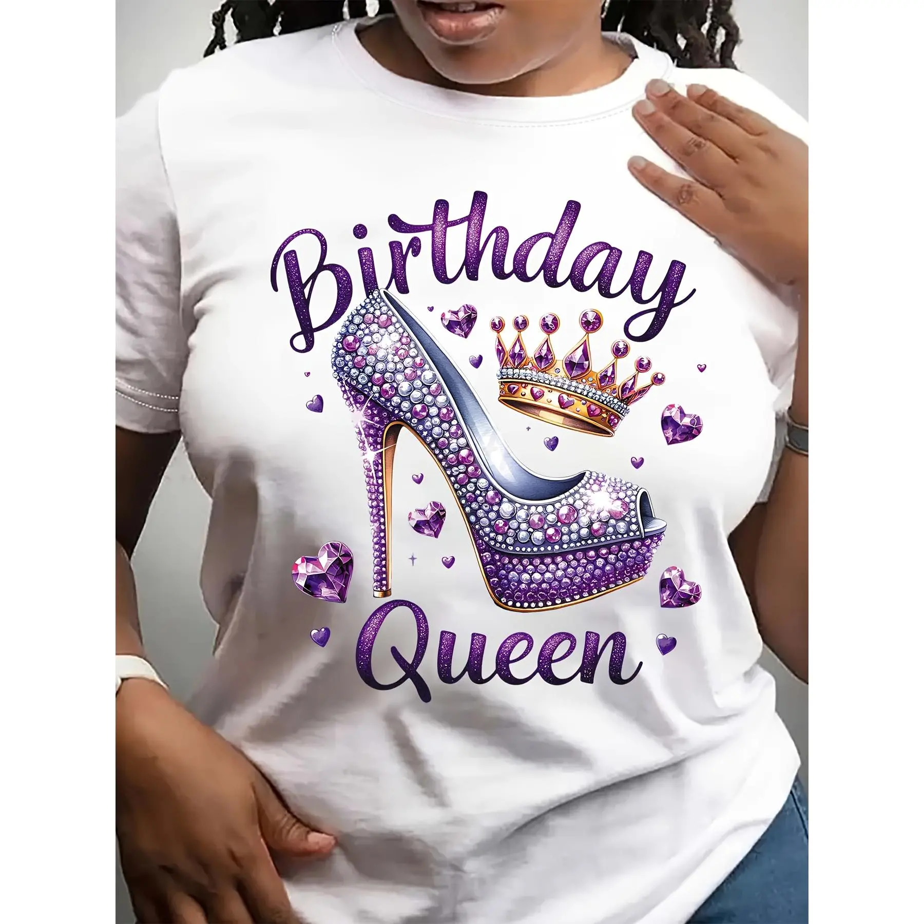 Women's Knit Casual T-Shirt, 1pc Short-Sleeve Smooth Top with Birthday Queen Crown & High-Heel Prints, Round Neck Regular Length, All-Season Sports Top