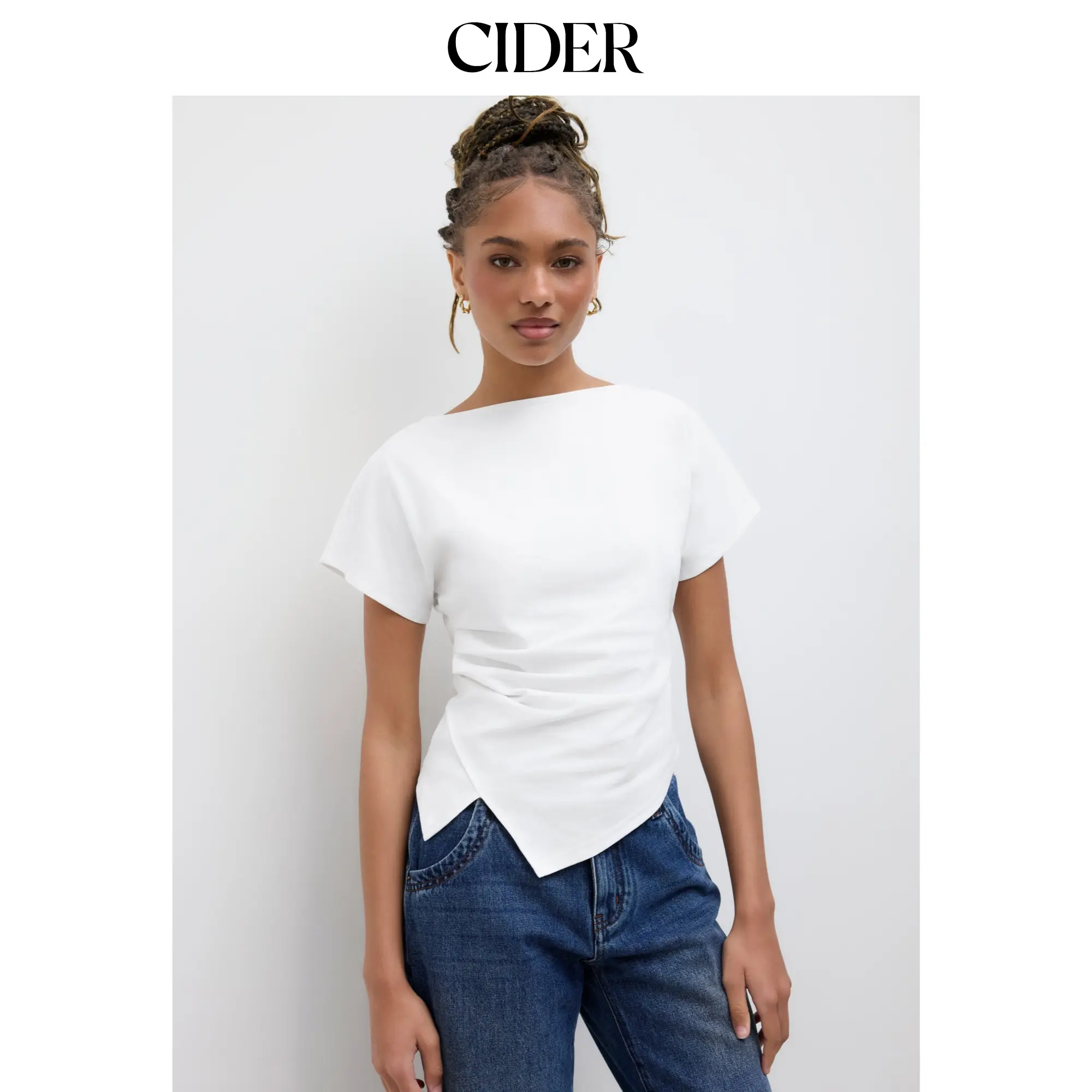 Cider Cotton-blend Boat Neck Ruched Asymmetrical Hem Tee