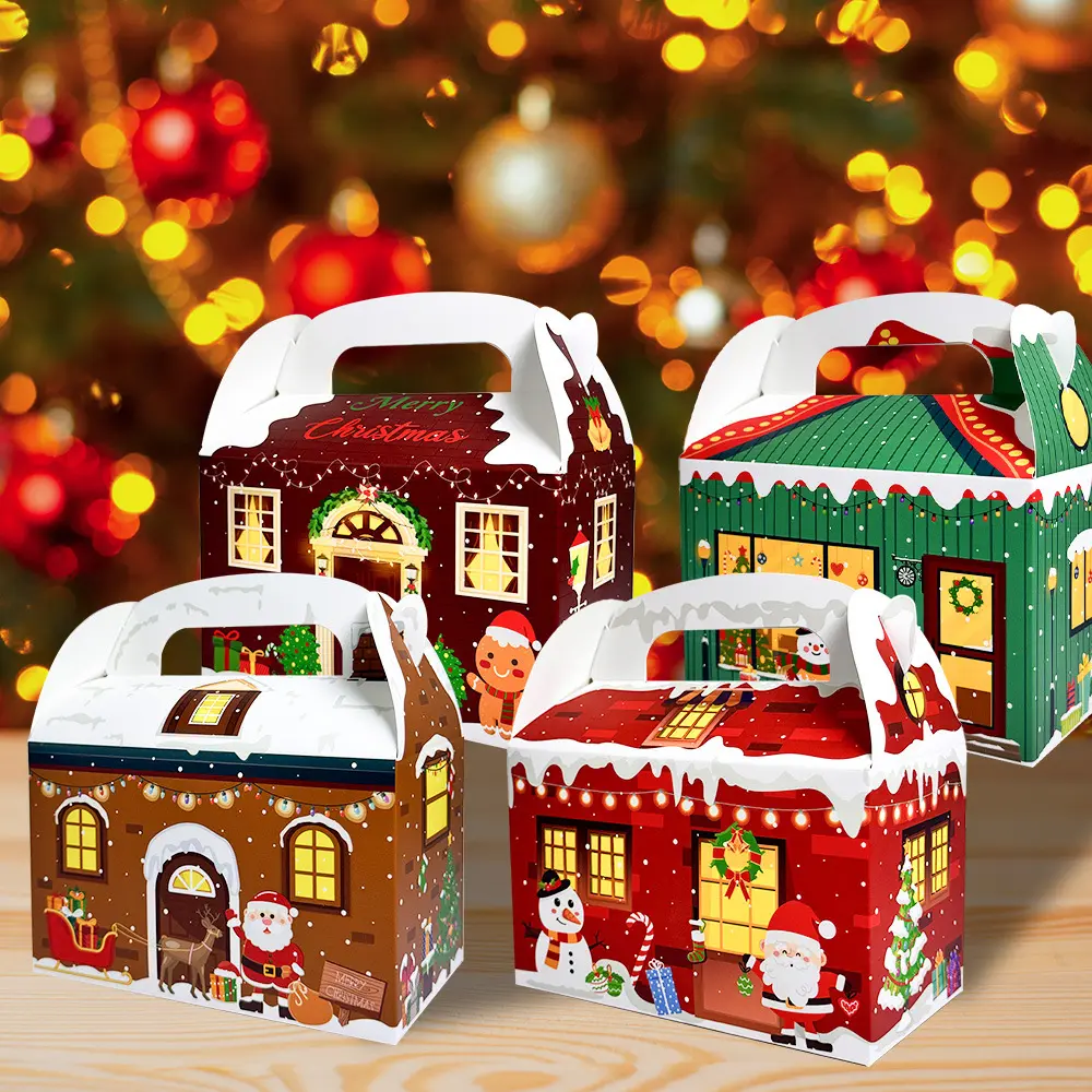 Christmas Cookie Gift Boxes with Handles, Holiday Treat Boxes for Candy, Snacks, Cookies and Christmas Party Favors