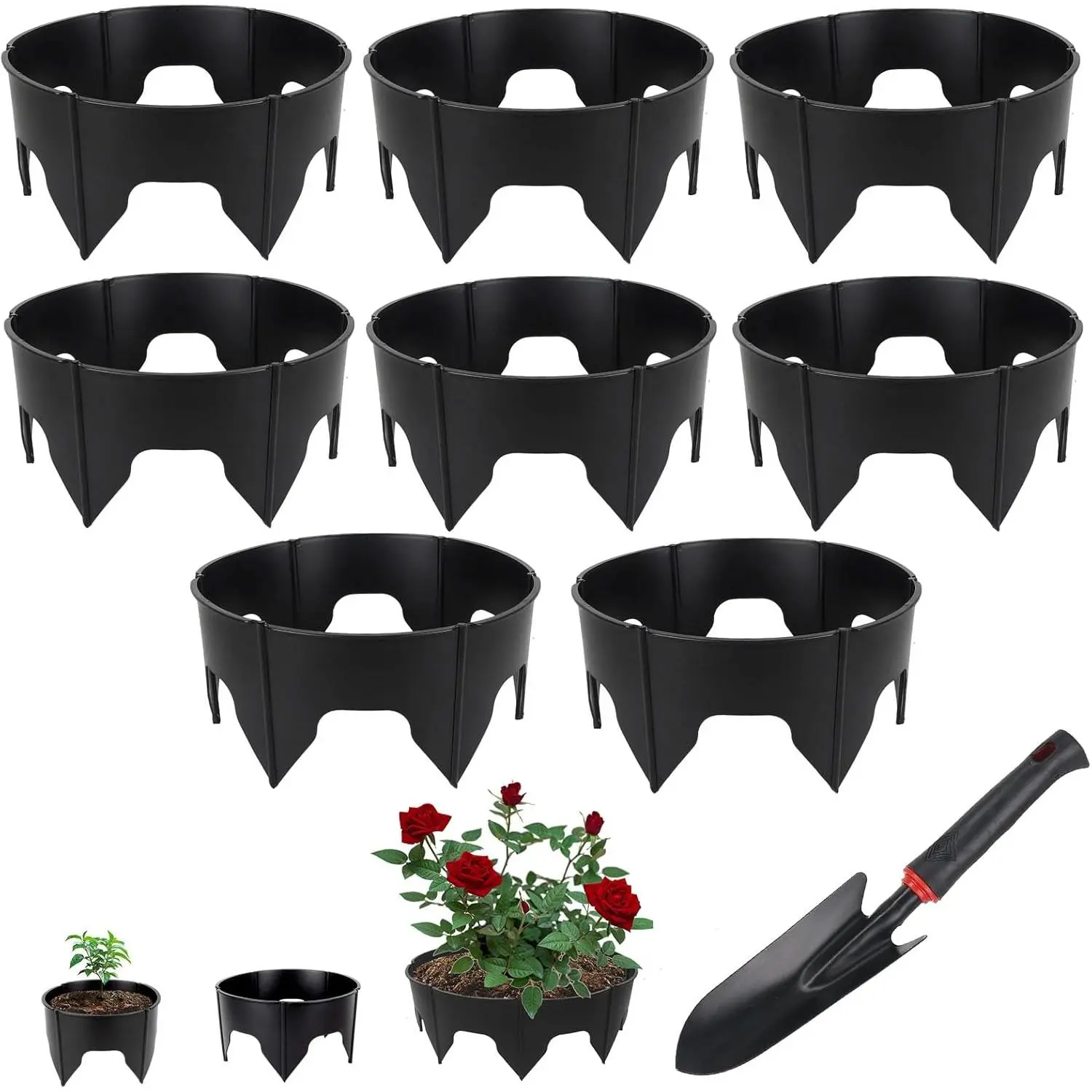 24PCS Planting Grow Rings with Shovel, Diameter Range 8.3-15.7in Adjustable Round Plant Support Garden Circle Ring for Watering Planting Edging Border Ring for Vegetables (24, Black)