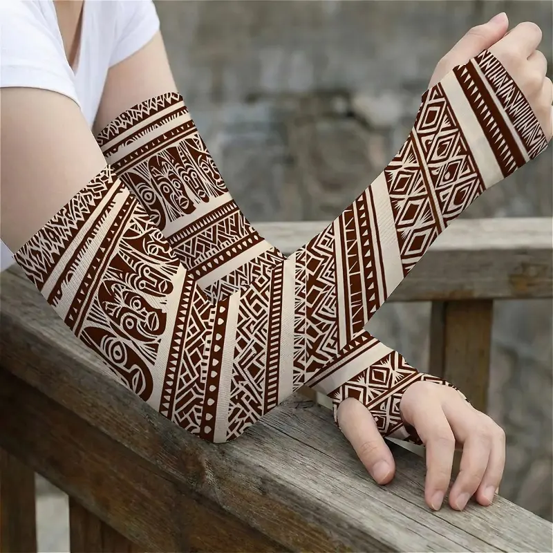 1 Pair Men' & Women' Polynesian Tribal Tattoo Arm Sleeves - Elastic Thumb Hole Sleeve Cuffs with Tattoo Print, Breathable for Running, Cycling, Fishing, Gym Suitable for Outdoor Sports, Casual Wear, Hand Washable Sleeve Protectors