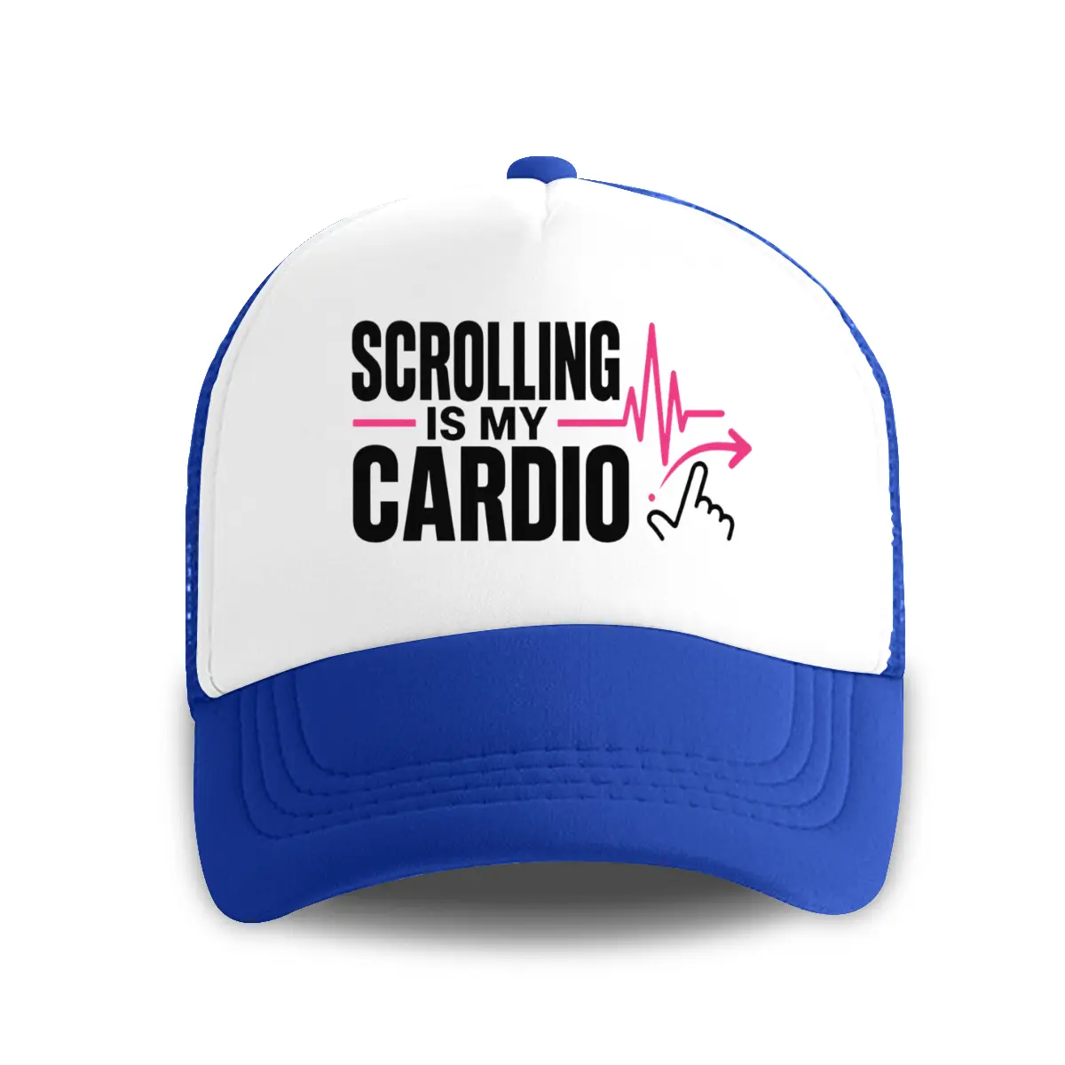 "Scrolling Is My Cardio" Funny Internet Humor Dad Hat  Trucker Hat Baseball Cap   - White Blue Mesh Back, Curved Brim, Plastic Snapback, Summer Beach Essential, 4th of July Gift, Gorras para Hombres, Ideal for Men