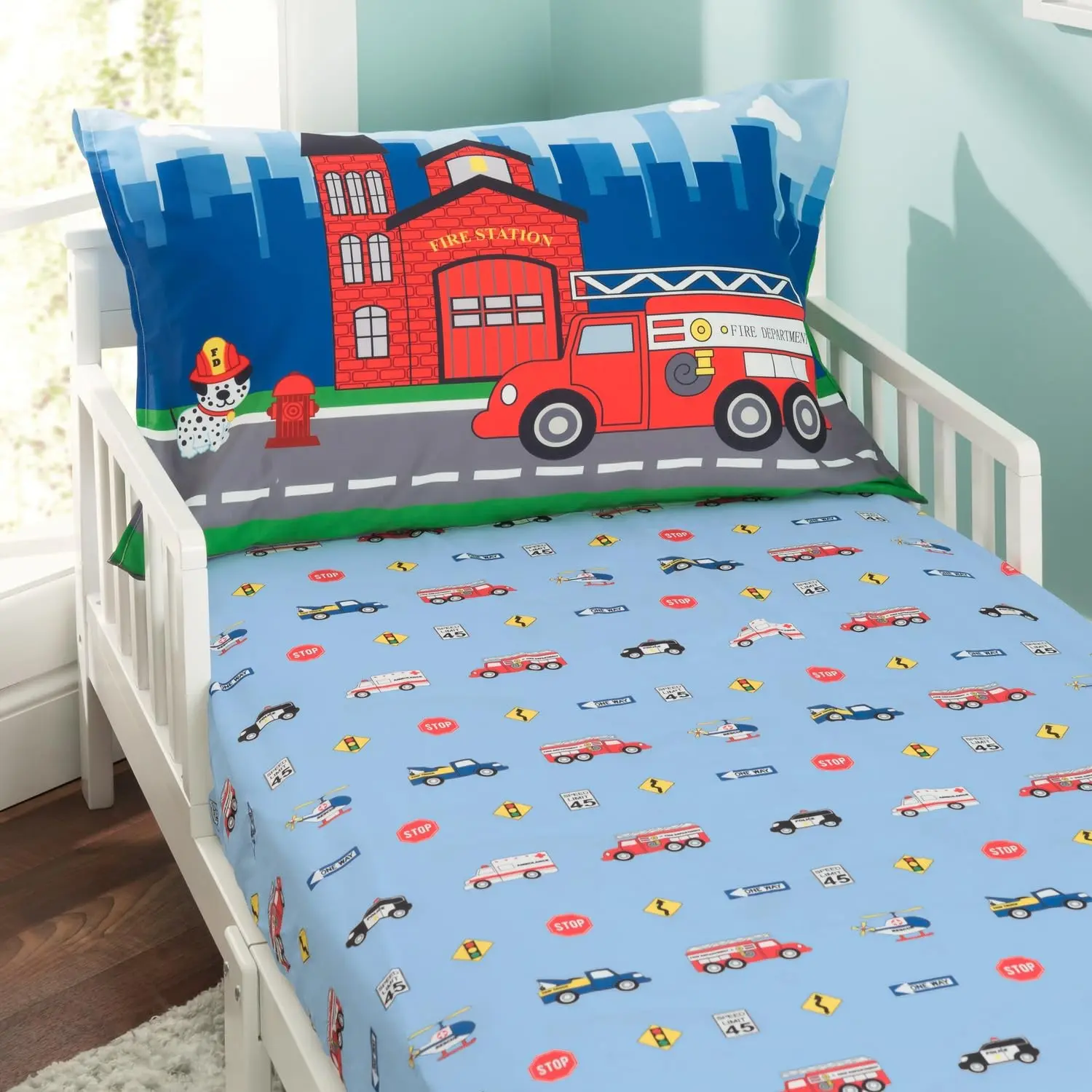 Everyday Kids Toddler Fitted Sheet and Pillowcase Set - Fire Police Rescue Vehicle Print, Breathable Soft Microfiber Kids Bedding Set