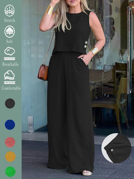 Women's Elegant Solid Color Loose Sleeveless Round Neck Wide Leg Pants Set 2pcs, Comfortable Summer Casual with Pockets for All Seasons, Stylish Set for Holiday & Daily Wear