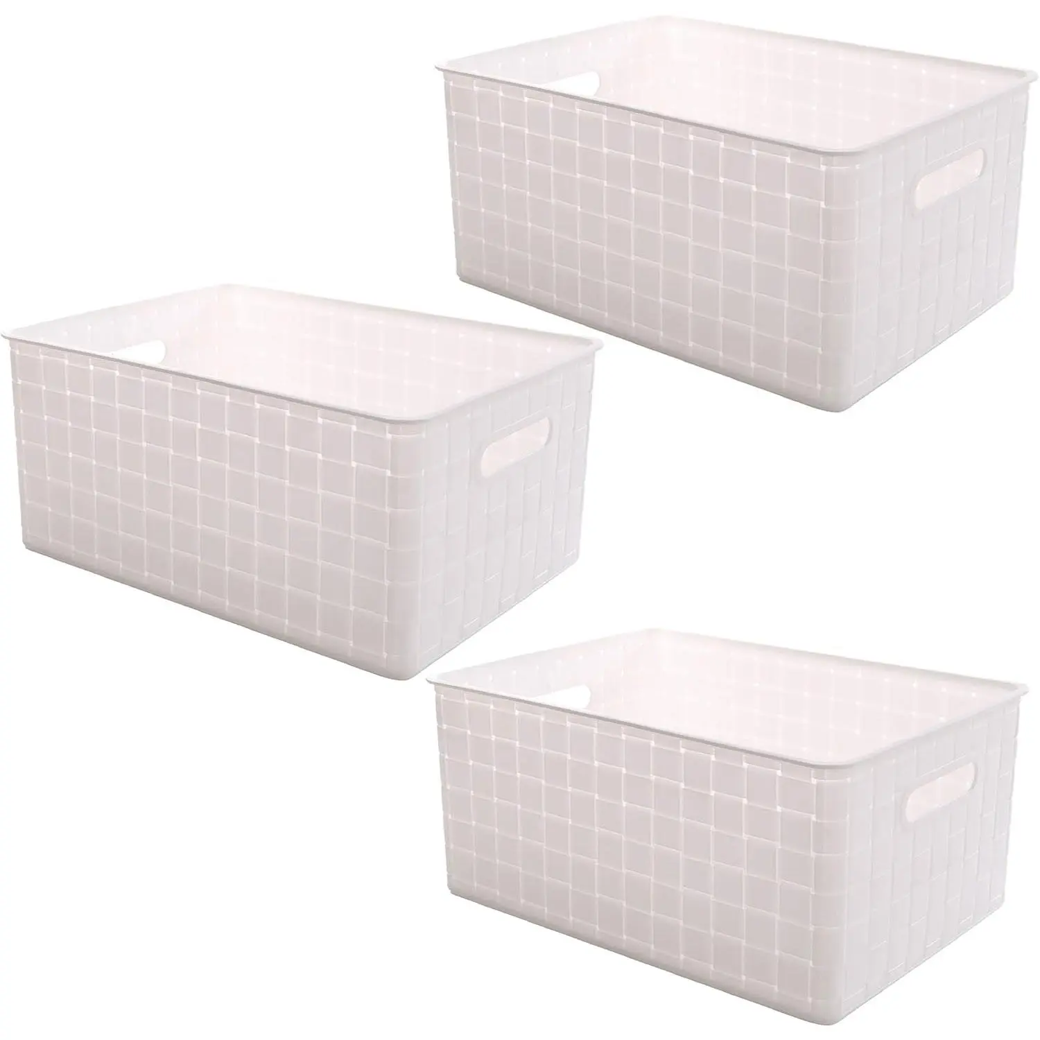 Plastic Basket, Large - White | 3 Pack | THE STABLE COLLECTION | Multi-Use Storage Basket | Rectangular Cabinet Organizer | Baskets for Organizing with Handles | Home & Office Storage Organizer