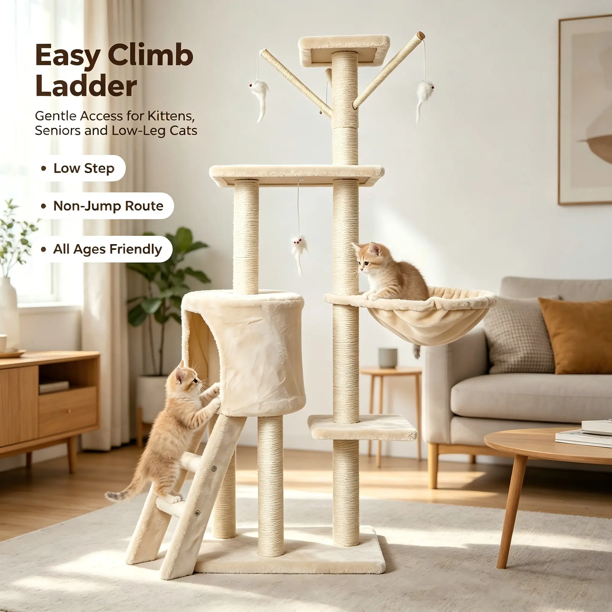 5-Tier Cat Tree Tower, Kitten Tower, Sturdy Natural Sisal Scratching Posts, Cat Tree Hole Condo, Bowl Suspended Hammock, Climbing Ladder & Dangling Teaser Toy, Multi-Functional Indoor Cat Activity Center