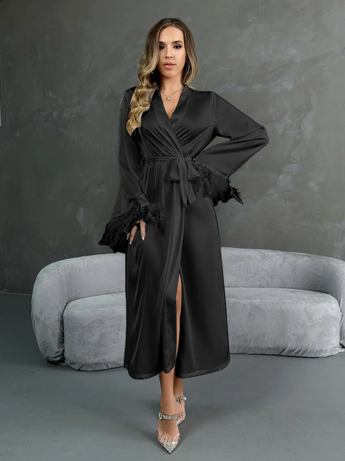 2026 Summer Satin Feather Long Sleeve Sleep Robe Loungewear, Luxury Long Tie-Back Split Home Morning Bathrobe for Women