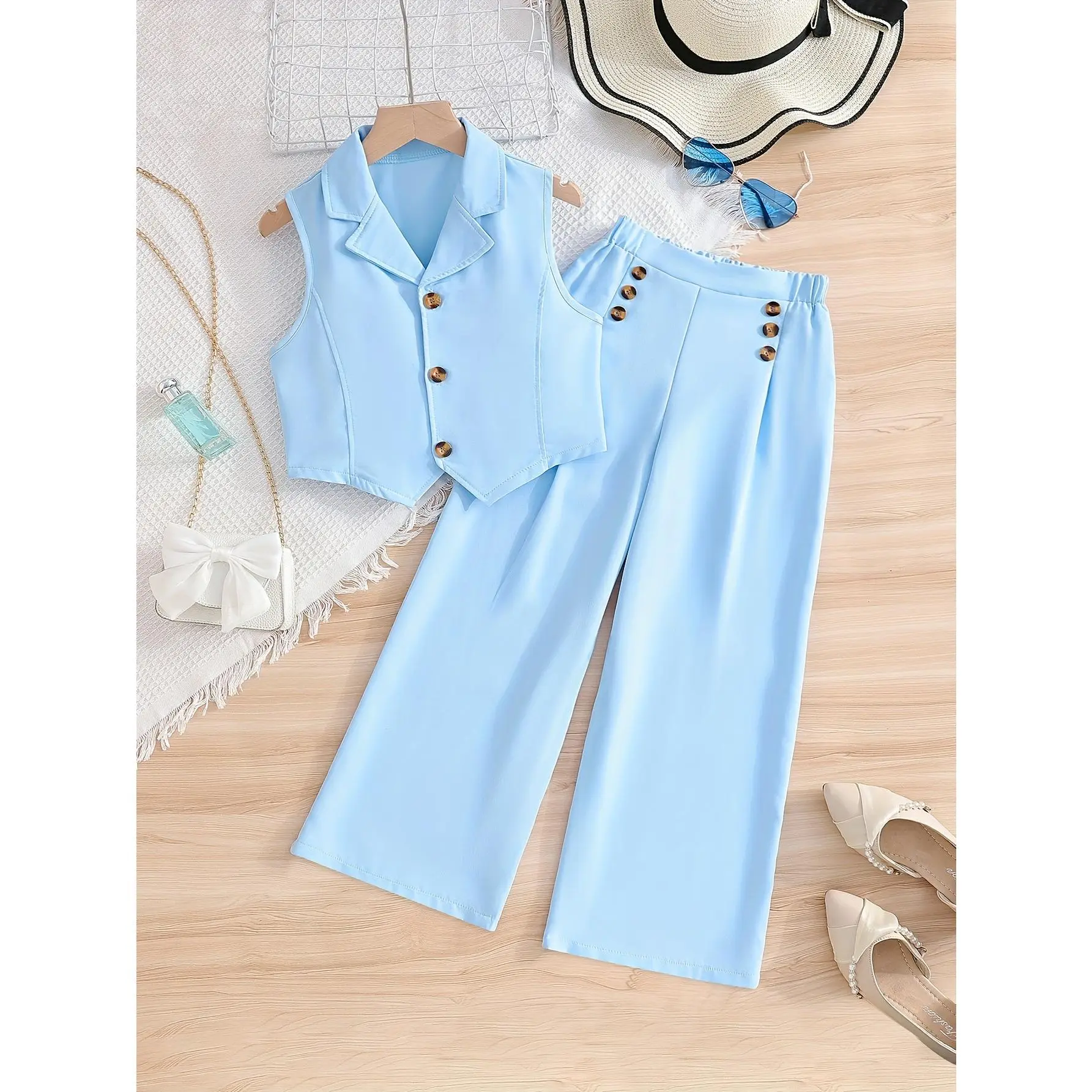 Girls' Polyester 2-Piece Elegant Summer Suit Set - Sleeveless Buttonless Vest, Plain Pants, Daily Casual & Party Wear, Sizes 5-6y,7-8y,11-12y,13-14y, Classic Versatile Outfit, Suit Pants, Straight Pants
