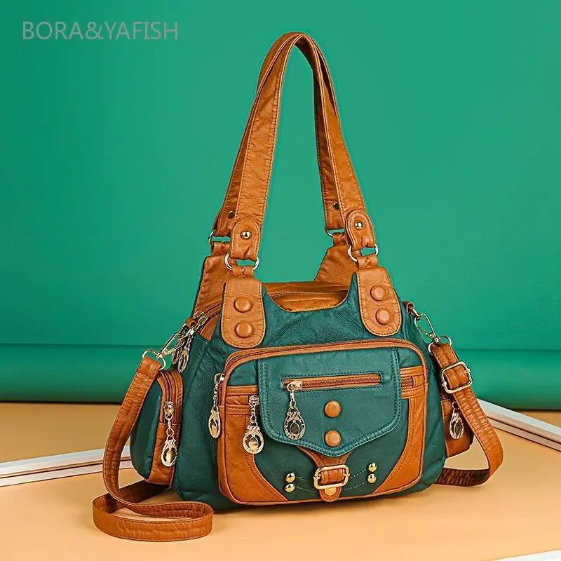 Women's Washed-Finish Studded Colorblock Handbag, Soft Large-Capacity Multi-Compartment Tote, Convertible Top-Handle Shoulder/Crossbody Bag casual style gift