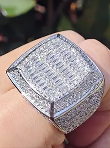 14K Gold Plated Iced Out Square Ring for Men, Full Paved Round Cut Cubic Zirconia Bling Hip Hop Statement Ring, Luxury Rapper Jewelry Gift for Birthday & Anniversary