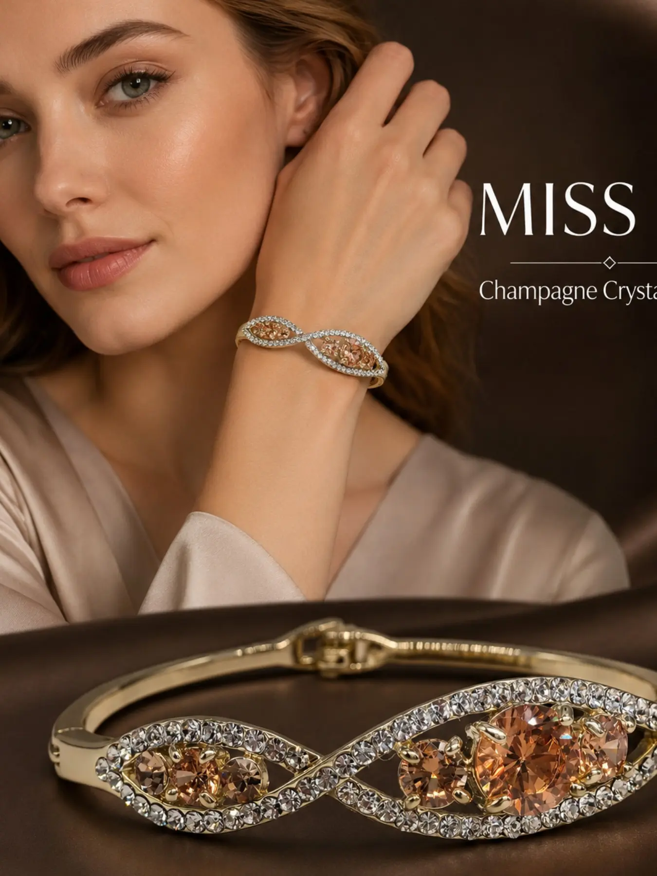 Infinite Symbol Champagne Crystal Clasp Bracelet, Vintage Full Rhinestone Design, Women's Evening Party Gift Jewelry