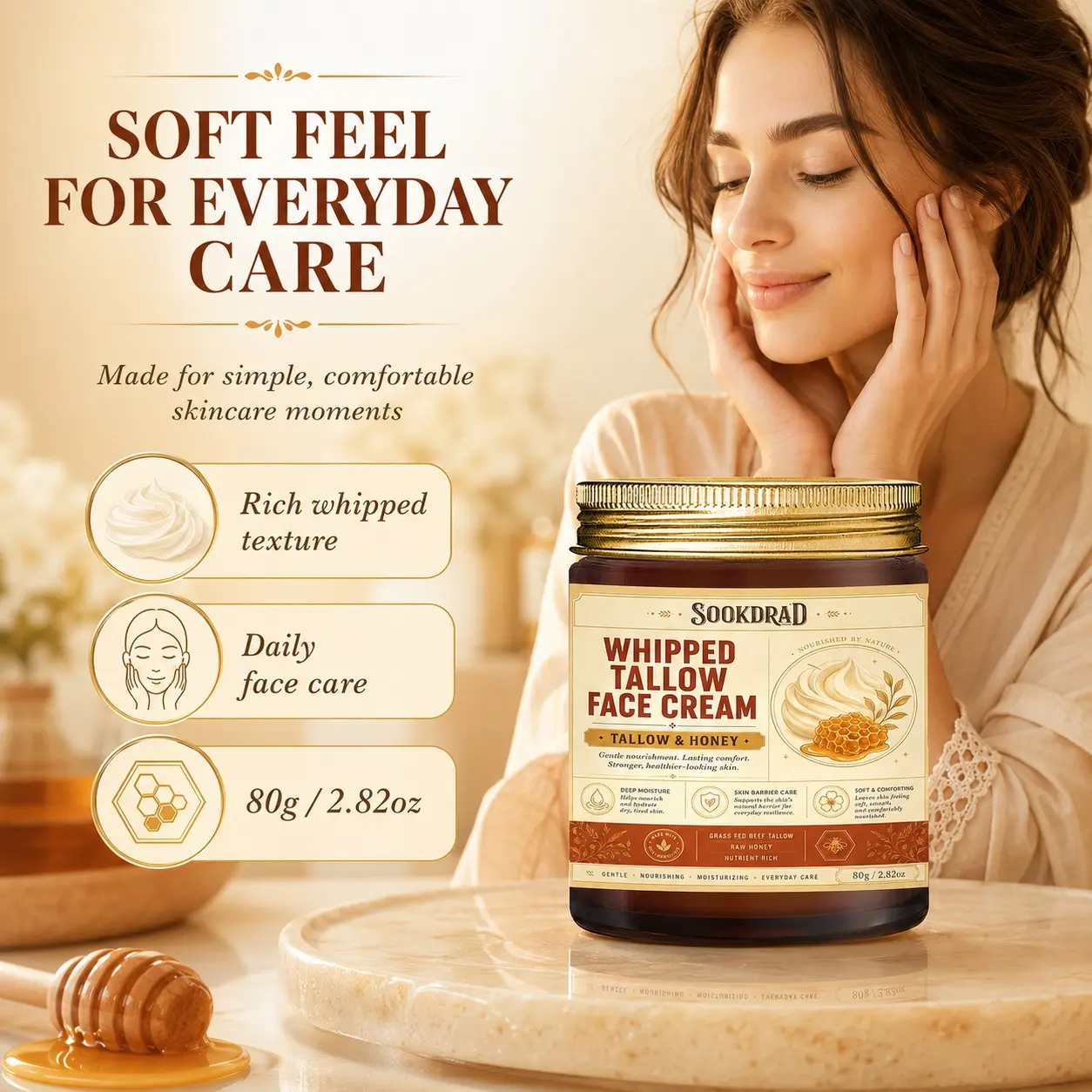 Whipped Tallow Face Cream, Grass Fed Beef Tallow, Raw Honey, Deep Moisture, Skin Barrier Care, Nourishing, Hydrating, Soft & Comforting, For Face, Dry Tired Skin, Everyday Skincare, 80g