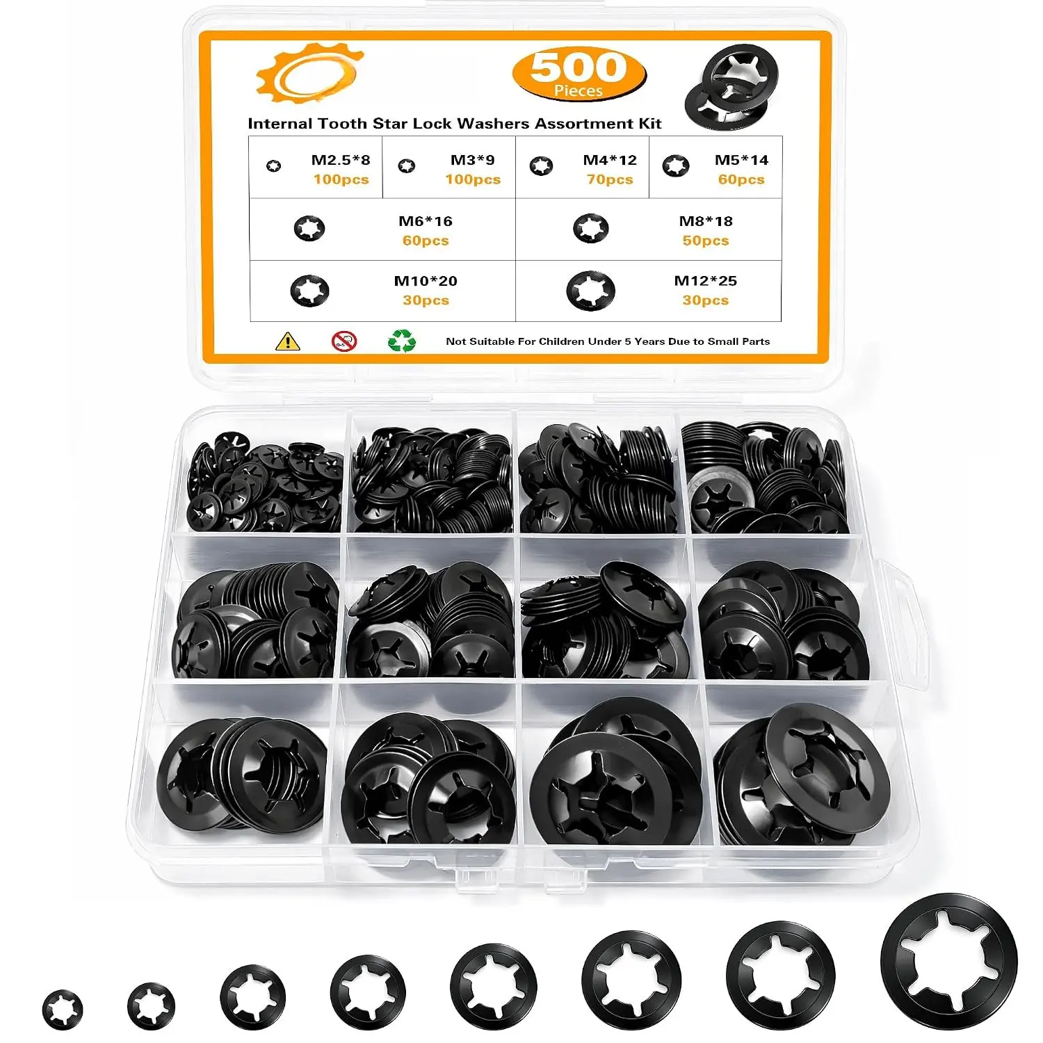 500 count Internal   Lock Washers  Kit, Carbon Steel Black Oxide Push  Locking Washer Set, M2.5 M3 M4 M5 M6 M8 M10 M12 Push Nuts.