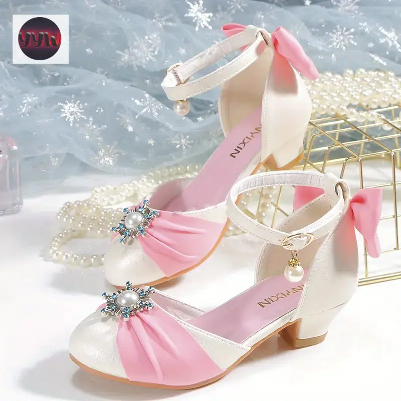 YYW1 Girls' Fashionable Bow Detail Heels - Synthetic Leather, Lightweight Anti-Slip Sole Dress Shoes for Parties, All Seasons, Xingx Pattern, Round Toe