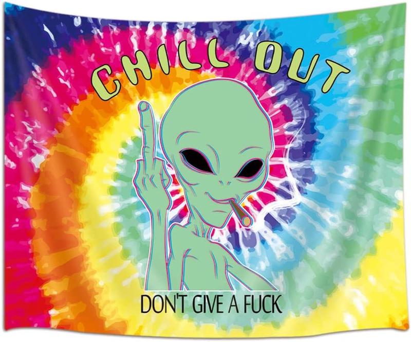 Trippy Fun Alien Tapestry Weed Marijuana Smoking Wall Tapestry for Bedroom, Psychedelic Tie Dye Stoner Tapestries for Men Aesthetic Hippie Wall Art Poster Dorm Home Decor. Multiple sizes are available for selection.