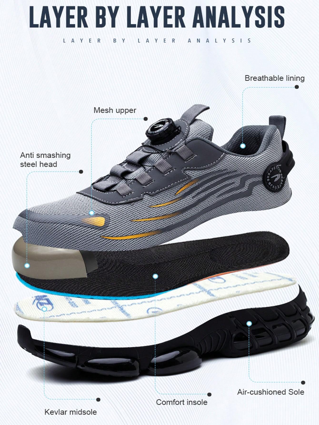 Unisex Anti-Smash Safety Shoes, Steel Toe Caps, Anti-Slip, Breathable,Industrial Construction Sports Rotatory Lace-Free Casual Hiking Shoes Black Gray