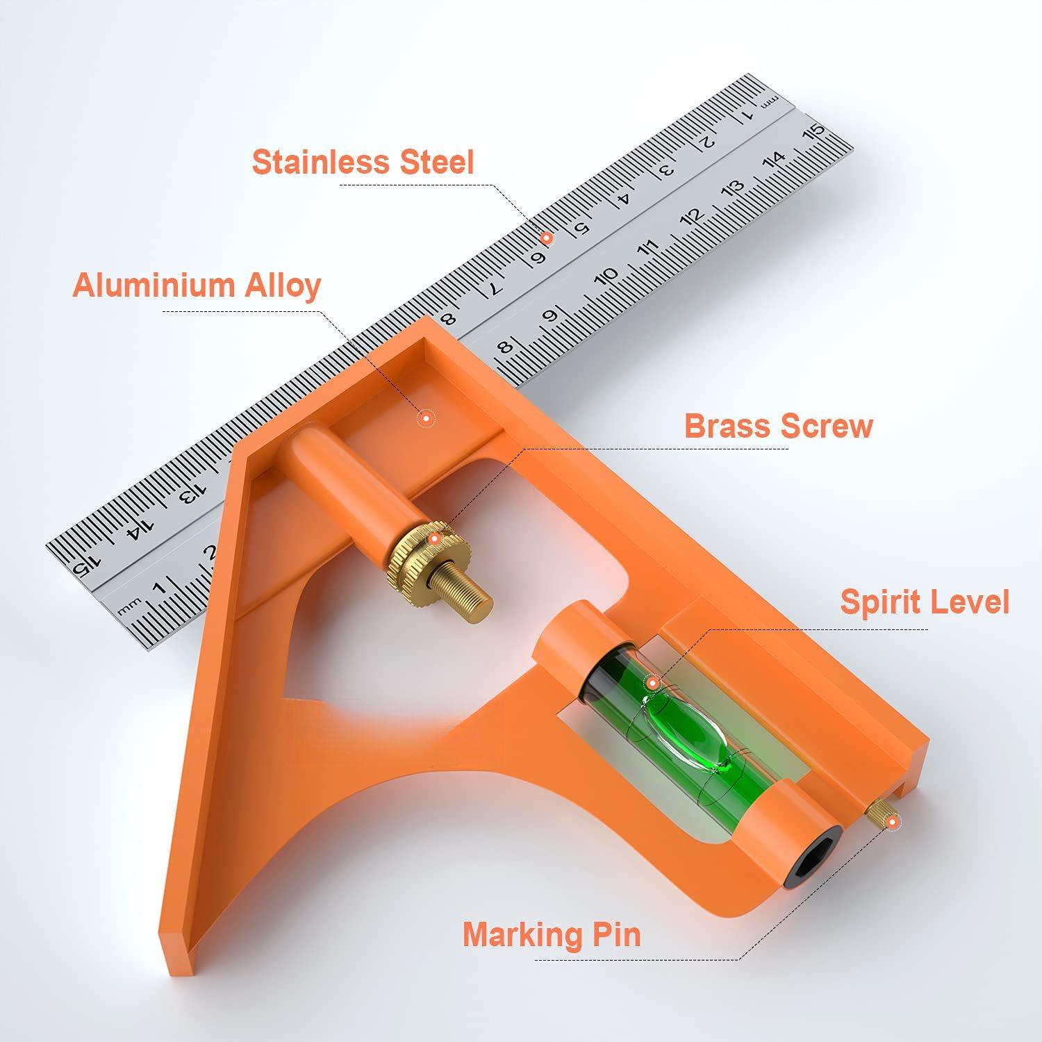 6" Combination Square, 6 Inch 150mm Stainless Steel Combo Square for Accurate and Adjustable Woodworking Measurement with 2 count Carpentery Pencils