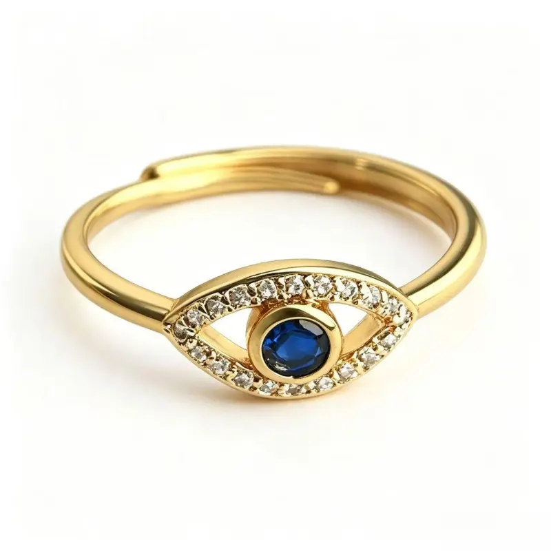 Micro-inlaid zirconia material, 18K gold thick coating, adjustable opening ring, designed in the shape of an eye, with an artistic vintage style.