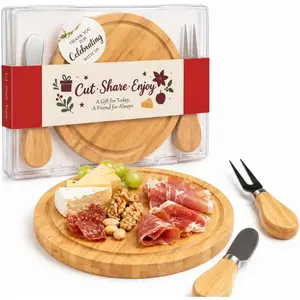 Upgraded storage-ready Small Cheese Board Set & Dessert Plate with Knife & Fork, 1-Pack 6-Inch Personal Charcuterie Tray, Bamboo, Gift-ready for Wedding, Bridal & Baby Shower Party