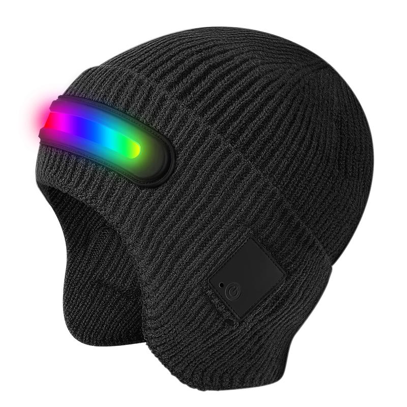 New USB Charging Light-Up Bluetooth Headphone Hat Outdoor Warm Knitted Ear Protection Hat Wireless Music Colorful Light Design Unisex Fashionable Casual Flashlight Hat for Christmas Holidays