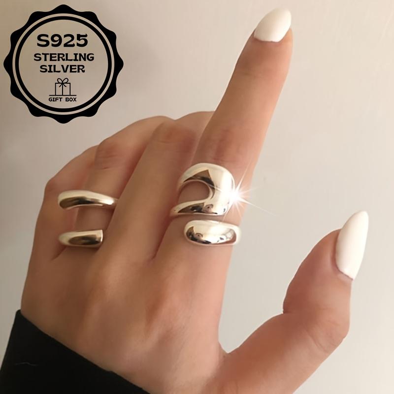 Vintage High-Polished Sterling Silver Ring |   Abstract Geometric Hollow Design |   Adjustable Statement Ring for Women, Chic Retro Jewelry for Daily Wear & Gifting.