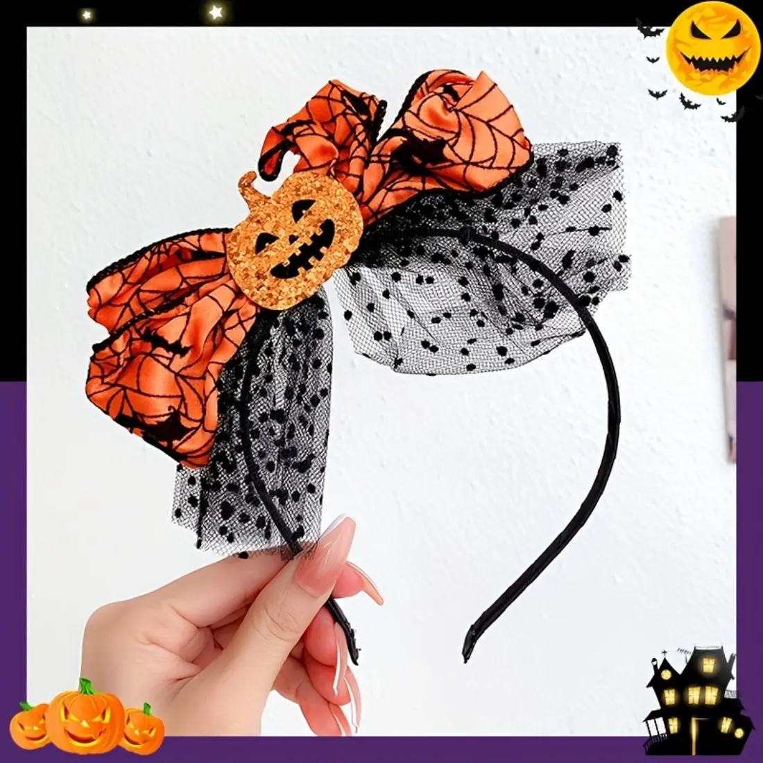 Halloween Pumpkin Headband with Orange Spider Web Bow for Women & Girls, Cute Spooky Costume Hair Accessory, Lightweight Festival Hair Hoop for Halloween Party, Trick or Treat, Cosplay, Photo Booth & Holiday Dress Up