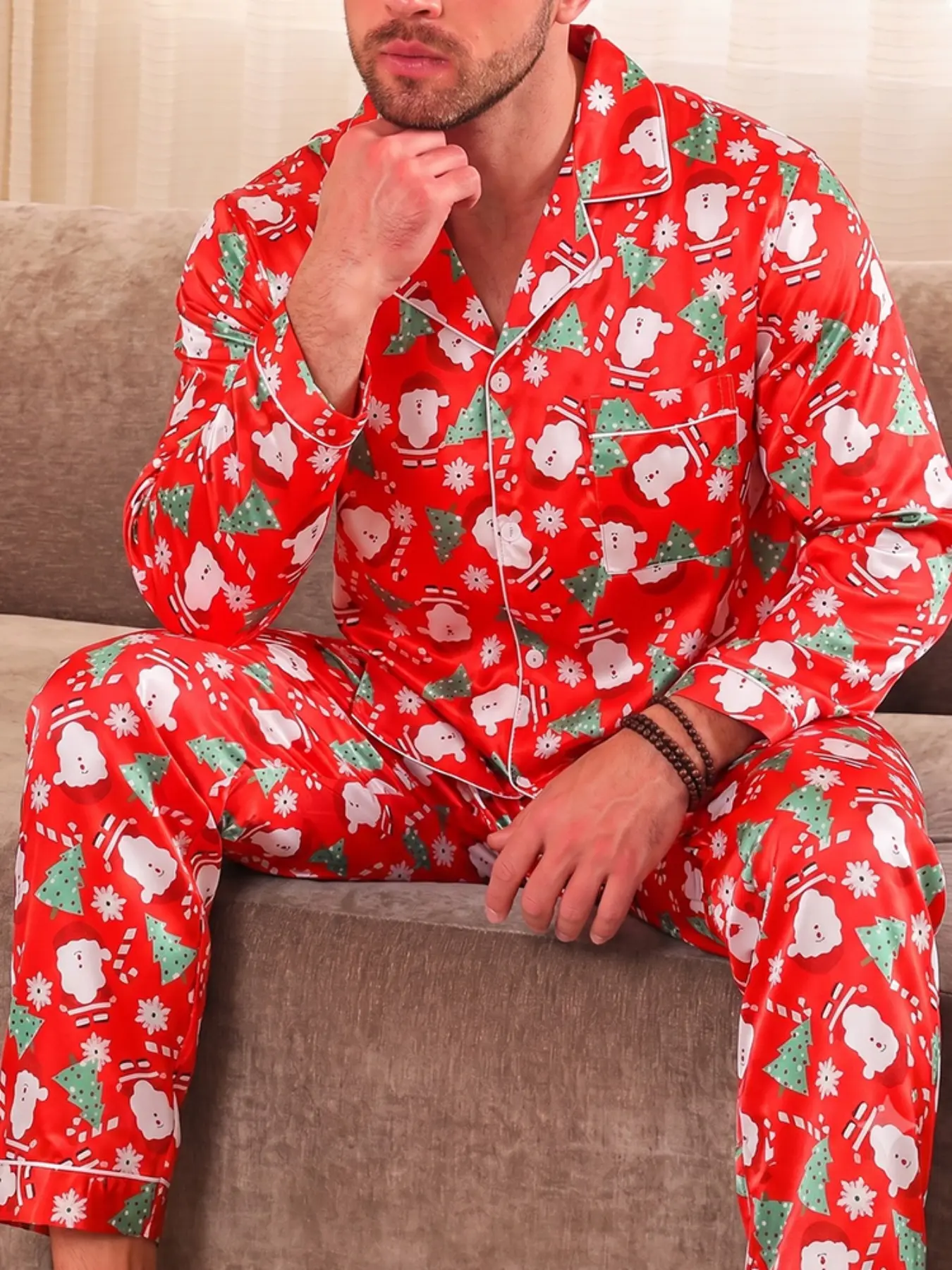New Men's Long Sleeve Pajama Set, Comfortable Christmas Print Sleepwear, Festive Two-Piece, Perfect for Holidays