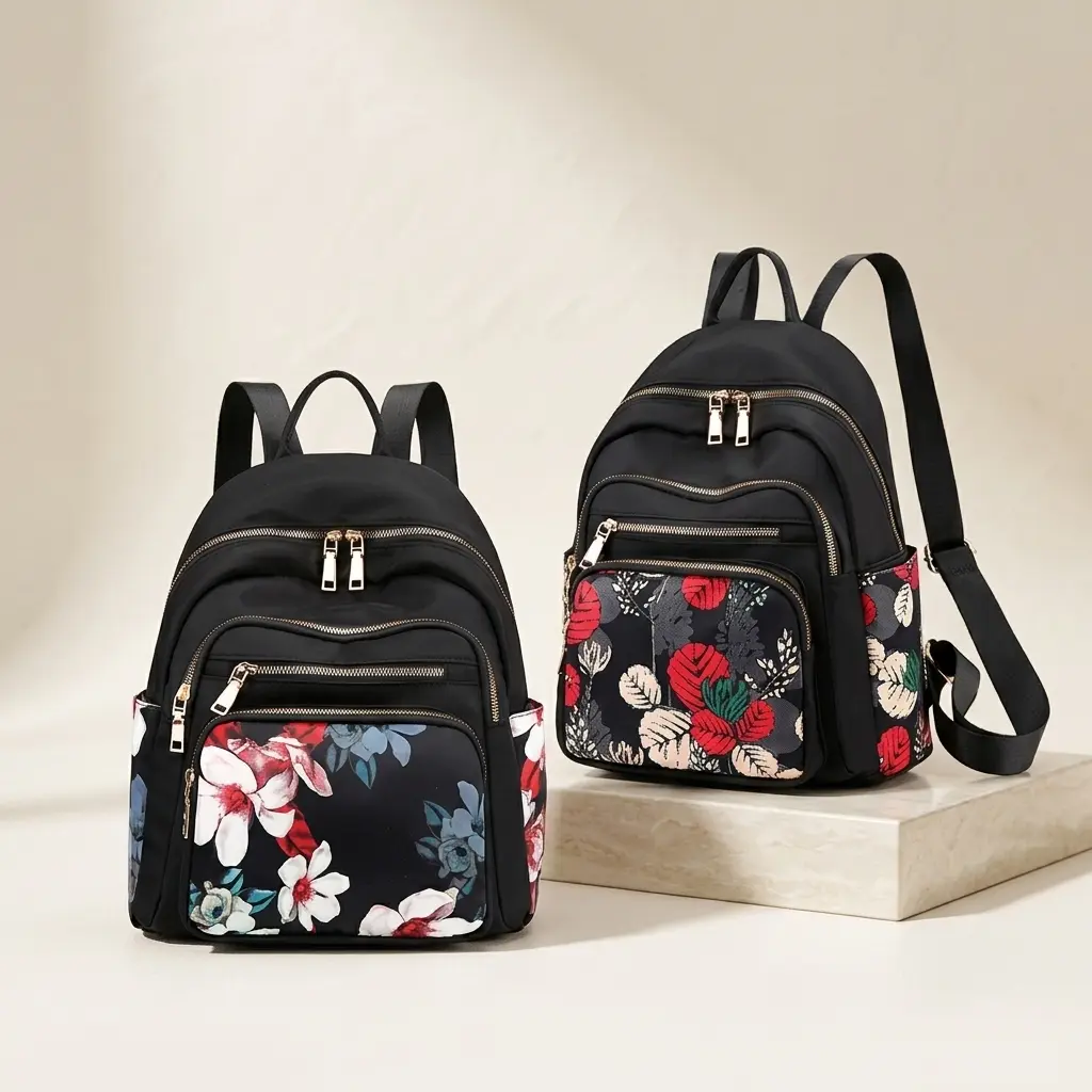 Women's Chic Plain Structured Nylon Backpack - 20-35L Expandable Zip Daypack, Unisex Functional Luggage Bag for School, Travel