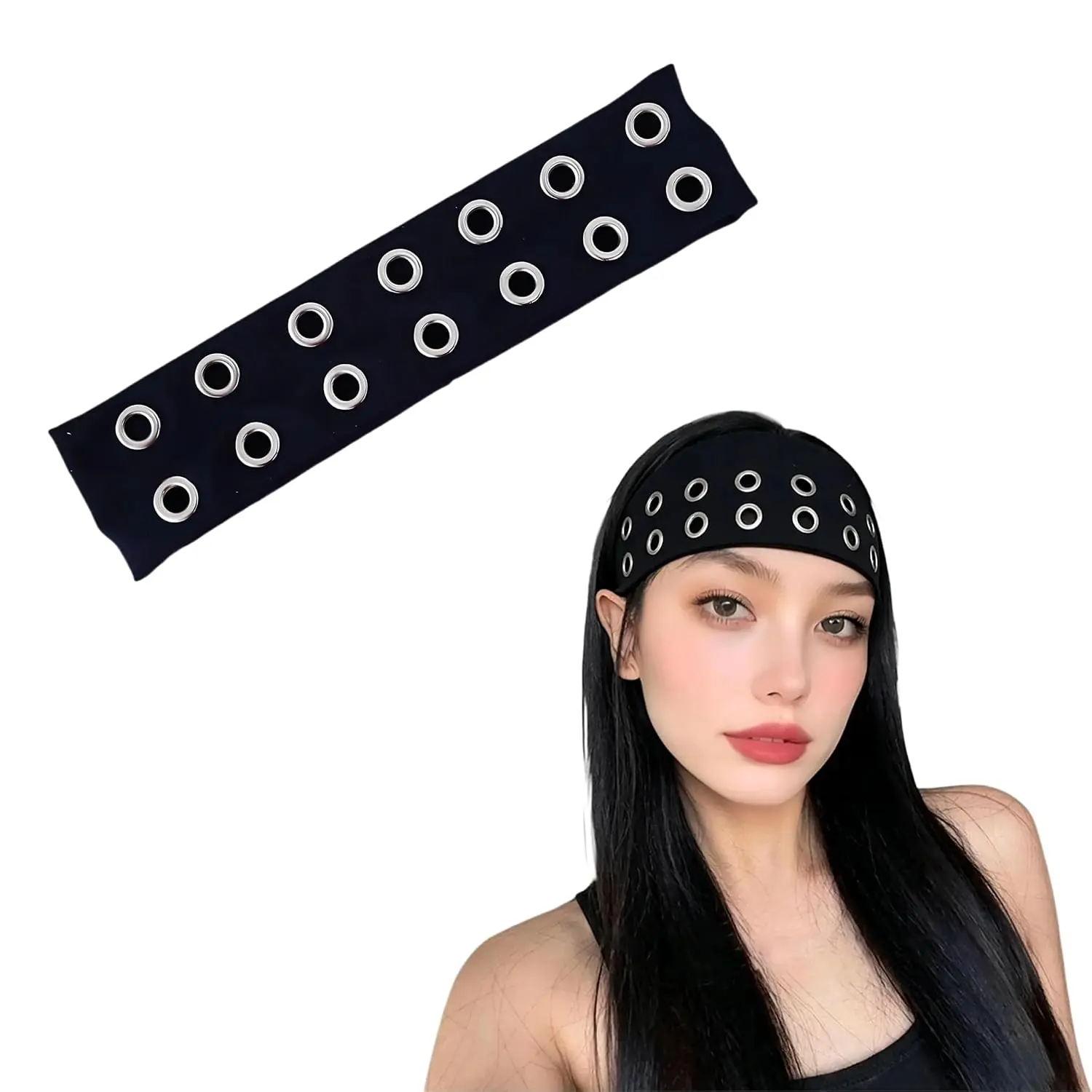Black Grommet Headband, 14 Eyelet Y2K Wide Elastic Hairband, Punk Grunge Alternative Hair Accessories, Stretchy Gothic Headband for Women (small-hole)