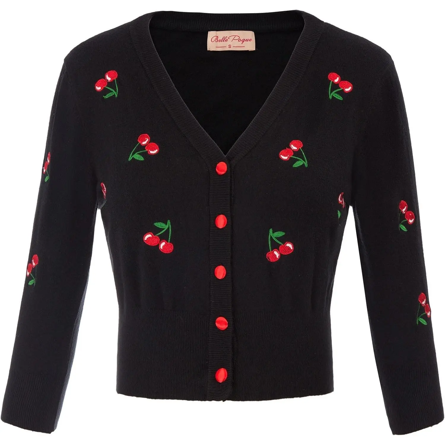 Women's 3/4 Sleeve V-Neck Button Down Cherries Embroidery Cropped Cardigan Sweater Coat