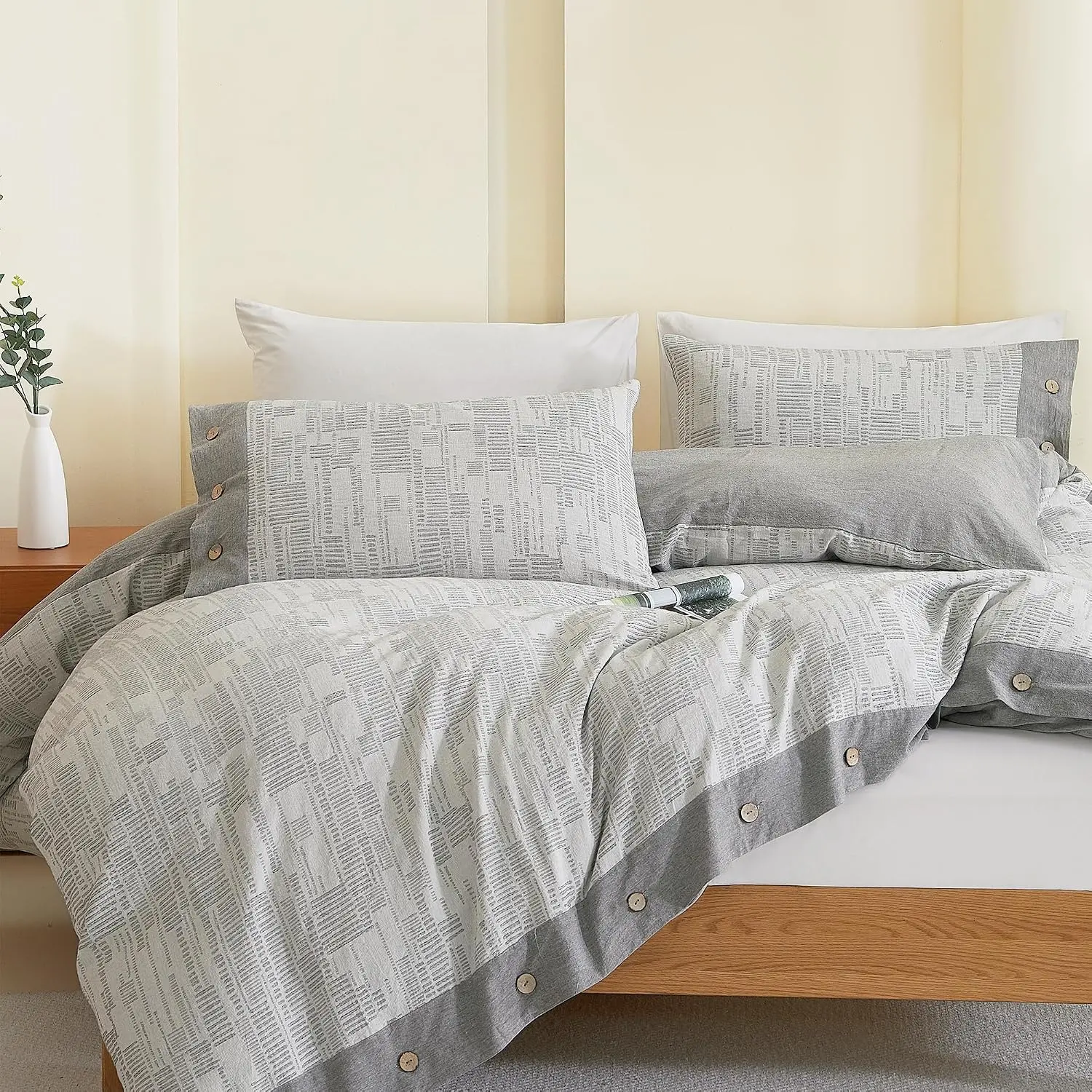Washed  Duvet Cover  Size, Grey, 3 count | Yarn Dyed Jacquard Textured Bedding Set, Striped Boho Design, Button Closure, Soft, Breathable,   Comfort