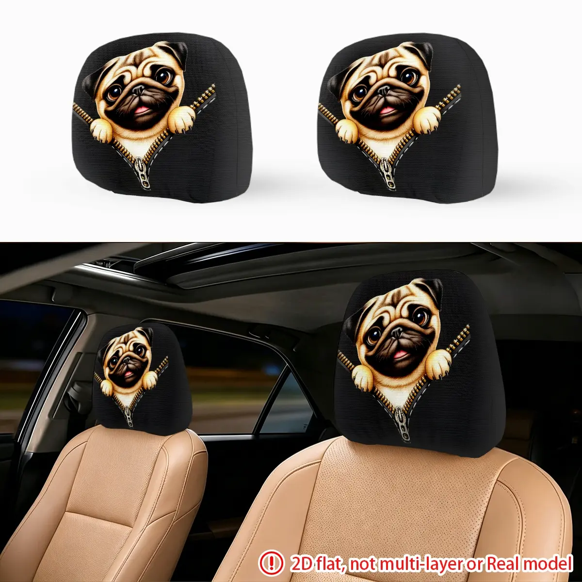2pcs Zipper Shaped Bago Dog Avatar Car Seat Pillowcase Car Head Pillowcase Fashionable and Durable Design, Universal Suitable Car Accessories