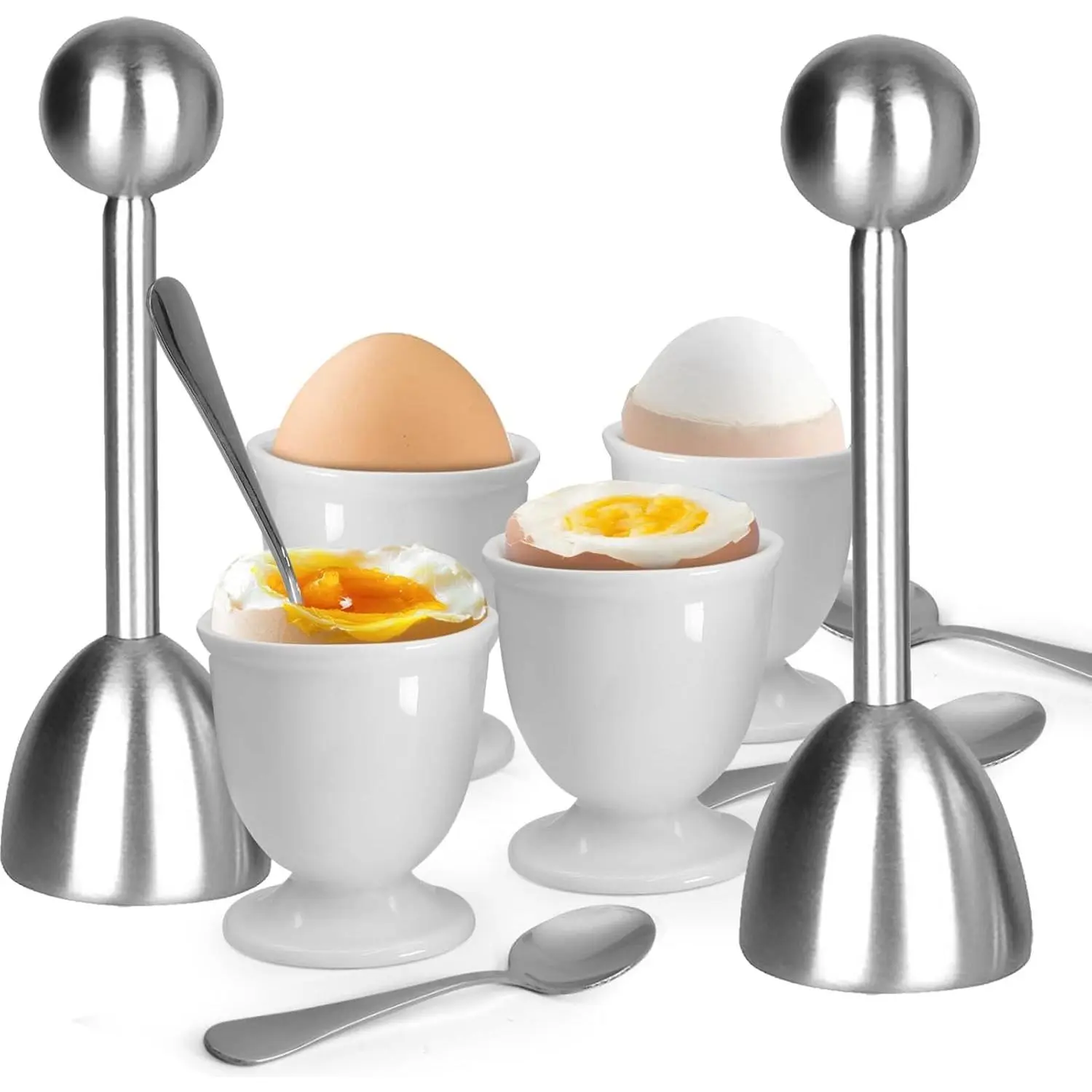 Egg Cups and Egg Cracker Set for Soft Boiled Eggs, 2 Stainless Steel Egg Cutter, 4 Stainless Stain Spoons and 4 Ceramic Egg Stands in Kitchen, Parties for Breakfast, Host