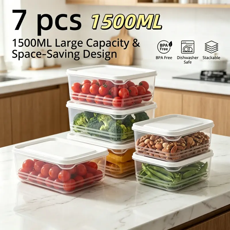 Dishwasher Safe 1500ML Plastic Food Container Set 7 Count BPA Free Stackable Clear Storage Bin For Produce Nuts Snacks