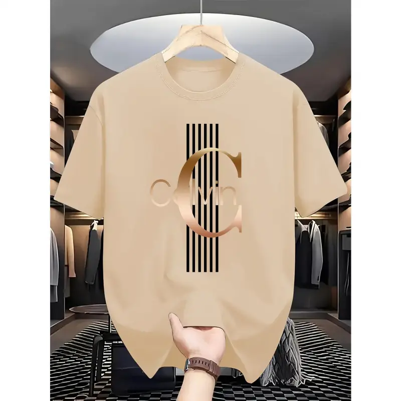 Men's Calvin Graphic Cotton T-Shirt - Menswear Top, Short Sleeve (shortsleeve), Round Neck (Crew Neck), Bold Letter Print, Black Stripes, Golden Accents, Soft, Lightweight, Breathable Summer Streetwear, Machine Washable, S-5XL Everyday Fashion Tee