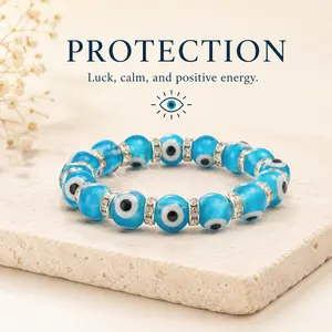 10mm Evil Eye Glass Beaded Stretch Bracelet - Turkish Eye Inspired Protection Jewelry for Women, Men