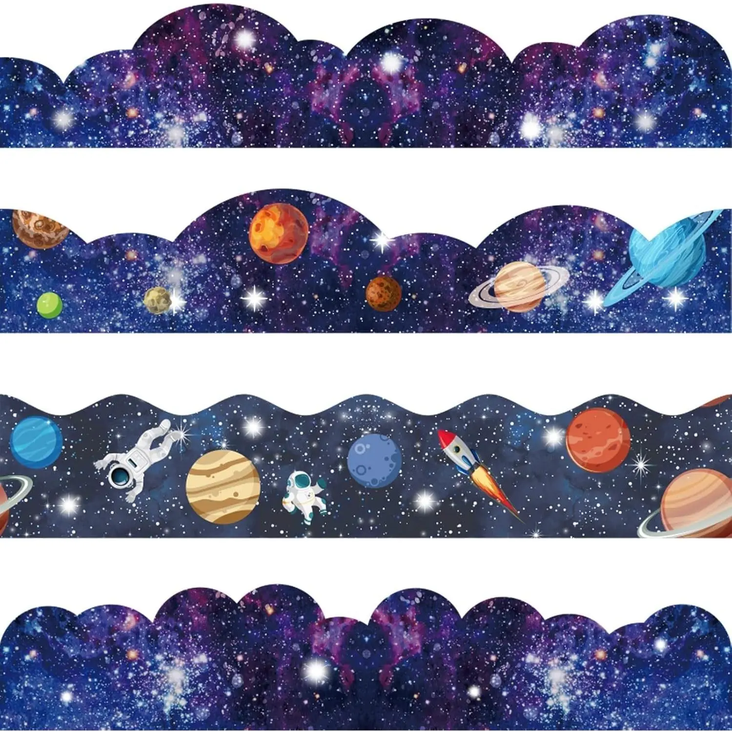120ft Bulletin Board Borders Decorations Outer Space Classroom Decor Galaxy Star Planet Astronaut Scalloped Border Trim for Teacher School Office Supplies Classroom Door Wall Decor, 4 Patterns