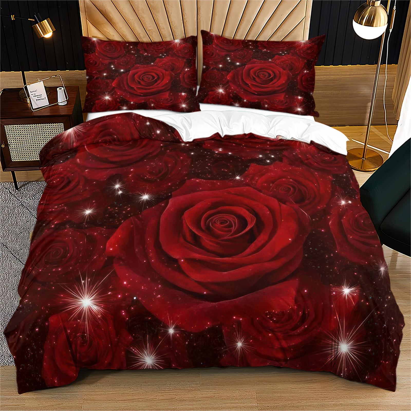 Rose Pattern Bedding Set, Soft Comfortable Sheets & Pillowcases, Bedroom Decor, Includes Fitted Sheet, Flat Sheet, 1/2 Pillowcase