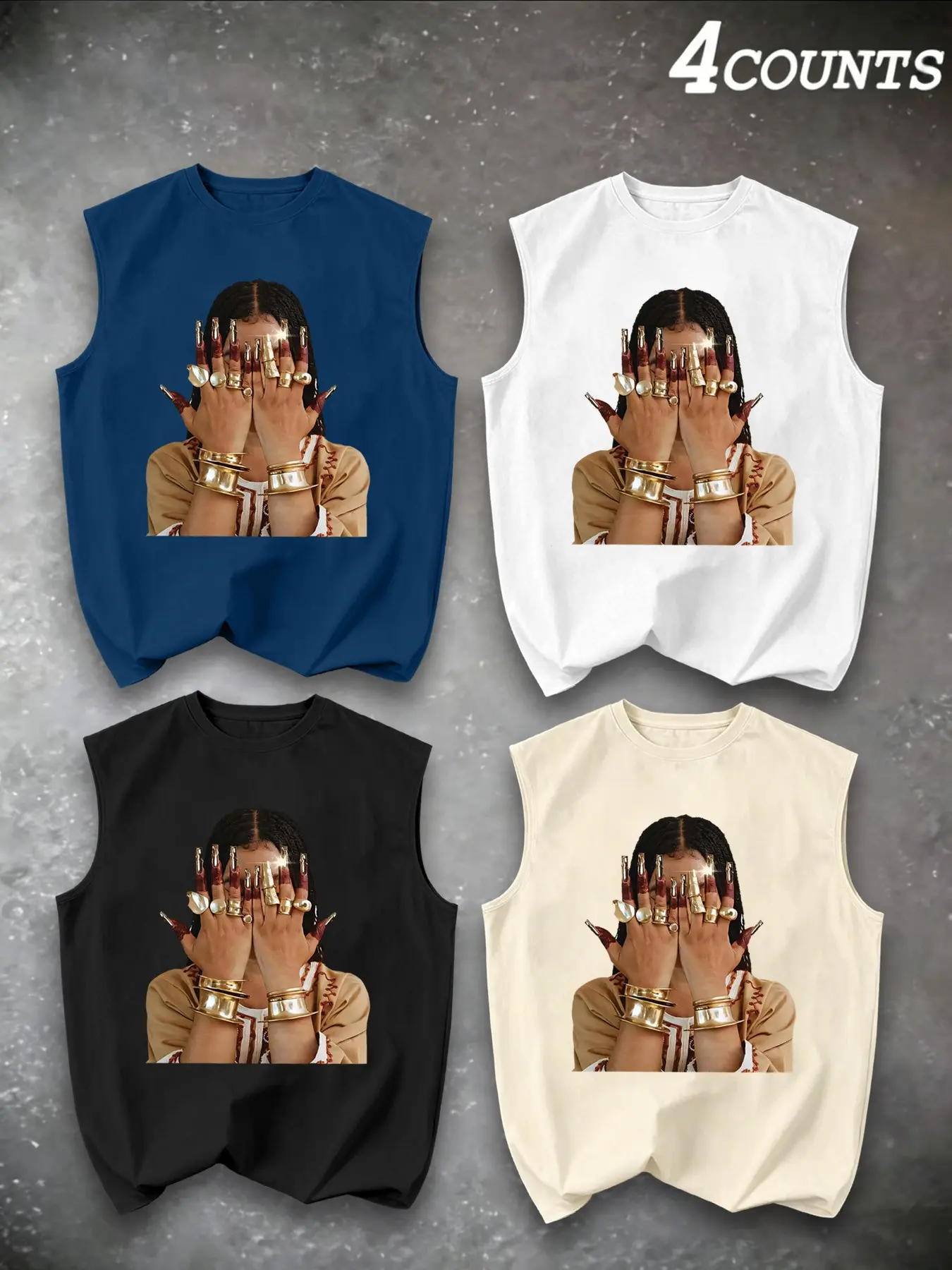 Men's Sleeveless Tank Vest Set, Y2K Aesthetic, Nails & Jewelry Print, Casual Street Style, Four-Piece, Sporty Athletic H-Type