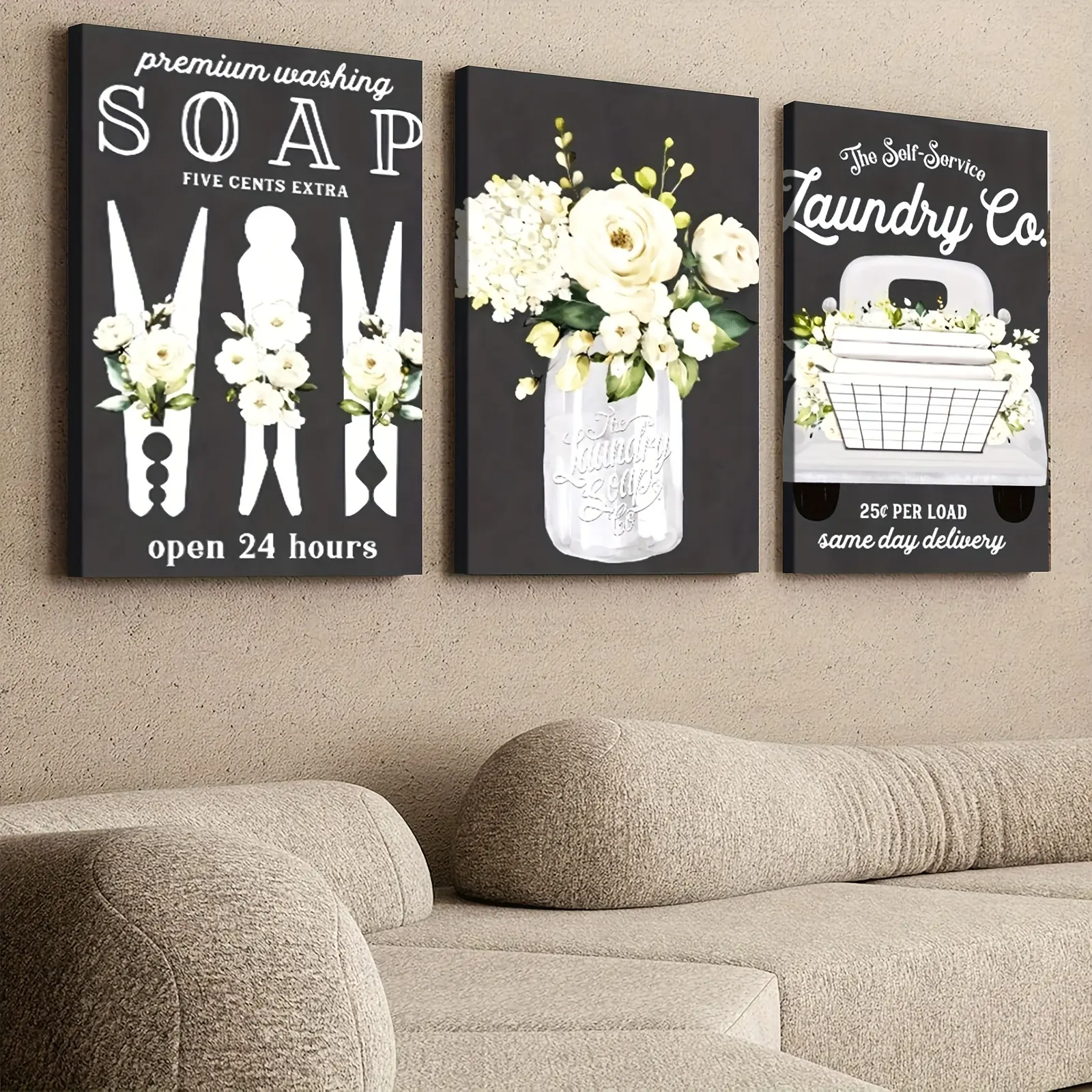 3 Pieces with Frame - Laundry Room Wall Art Print Theme Canvas Wall Art Framed Painting Clearance Sale, 2D Flat, Suitable for Halloween, Christmas, Winter and Summer, Luxurious Interior Decoration for Him/Her, Bedroom, Living Room, Bathroom, Home Office R