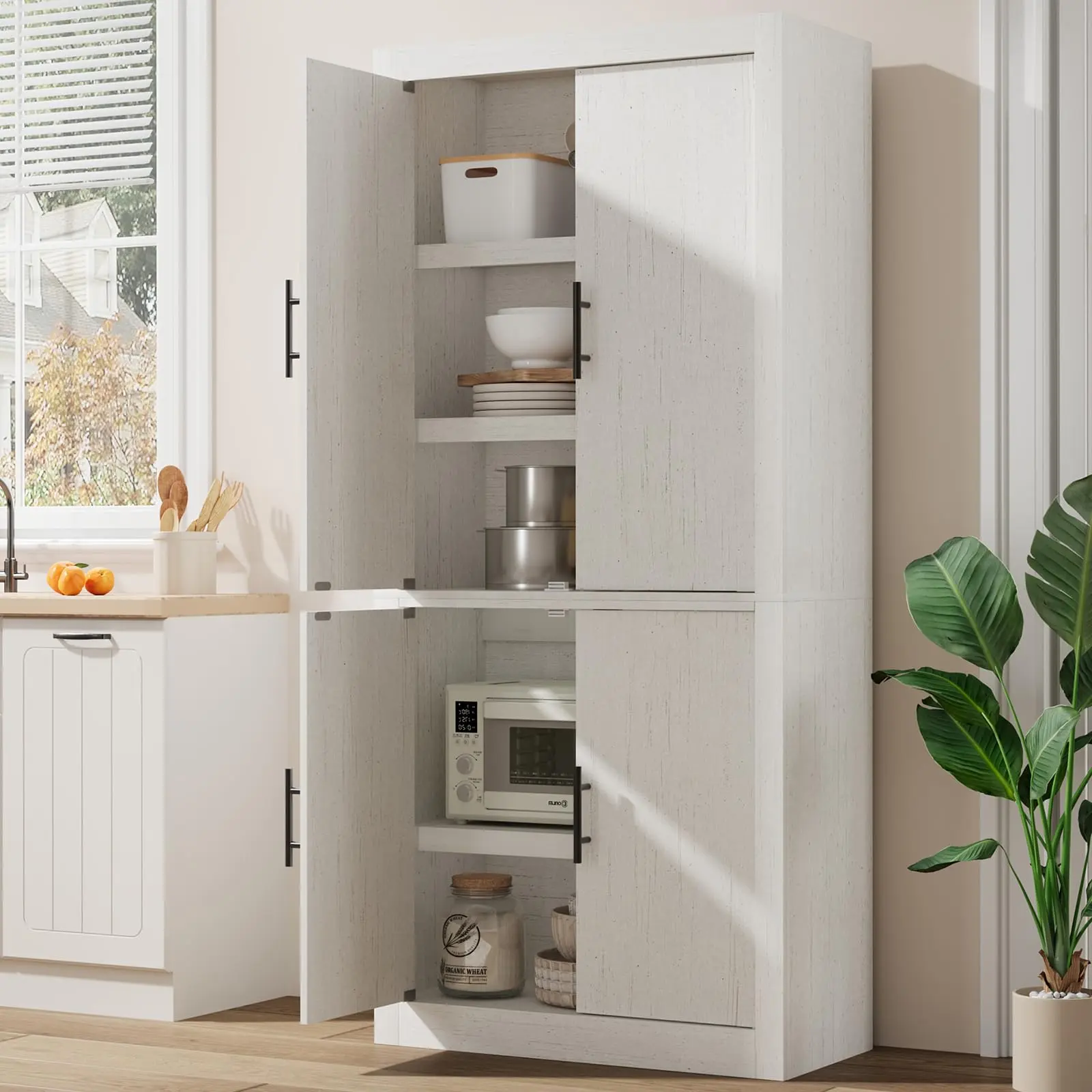 70 inch Tall Kitchen Pantry Cabinet with Glass and Wood Doors, Farmhouse Storage Cupboard with Adjustable Shelves, for Dining Living Room, Antique White/Brown