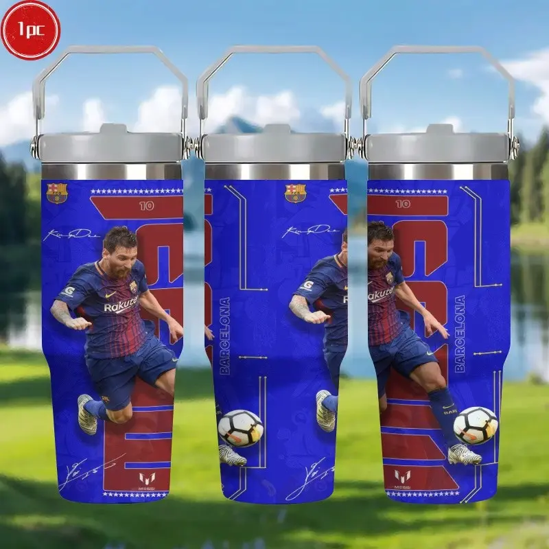 1pc 30oz Messi 10 Barcelona Stainless Travel Tumbler, Blue Red Sport Geometric Football Style Print, Double Wall Vacuum Insulated Stainless Steel Travel Mug with Lid, Ideal for Gym Workout & Outdoor Activities, Perfect Father's Day Gift